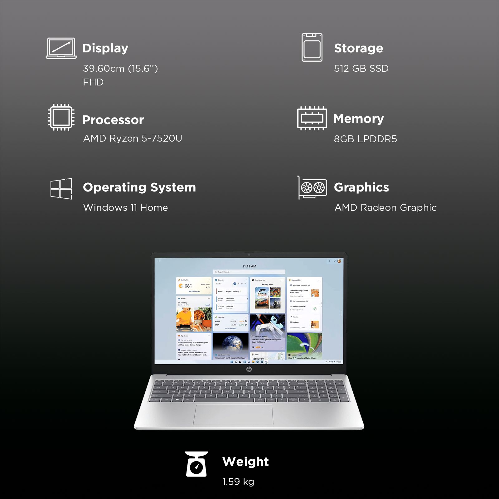 HP 15-fc0704AU AMD Ryzen 5 Thin & Light Laptop (8GB, 512GB SSD, Windows 11 Home, 15.6 inch Full HD Display, Natural Silver, 1.59 KG)_3