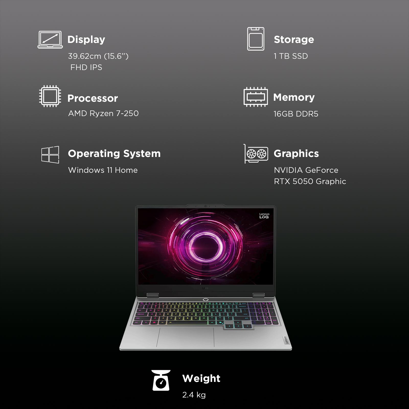 Lenovo LOQ 15AHP10 AMD Ryzen 7 Gaming Laptop (16GB, 1TB SSD, Windows 11 Home, 8GB Graphics, 15.6 Inch 144 Hz Full HD IPS Display, NVIDIA GeForce RTX 5050, Luna Grey, 2.4 KG) Lenovo LOQ 15AHP10 AMD Ryzen 7 Gaming Laptop (16GB, 1TB SSD, Windows 11 Home, 8GB Graphics, 15.6 Inch 144 Hz Full HD IPS Display, NVIDIA GeForce RTX 5050, Luna Grey, 2.4 KG)_3