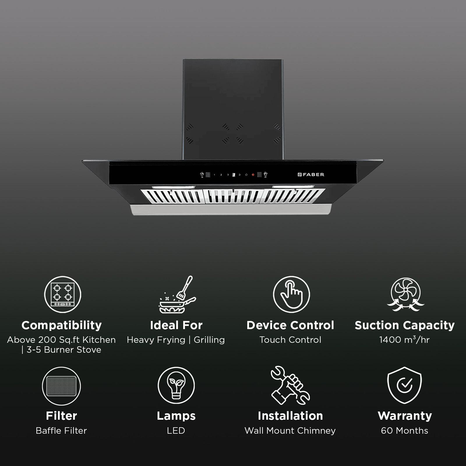 FABER HOOD COSMOS 3D HC SC BK BF 90cm 1400m3/hr Ducted Auto Clean Wall Mounted Chimney with Odour Sensor (Black) FABER HOOD COSMOS 3D HC SC BK BF 90cm 1400m3/hr Ducted Auto Clean Wall Mounted Chimney with Odour Sensor (Black)_3
