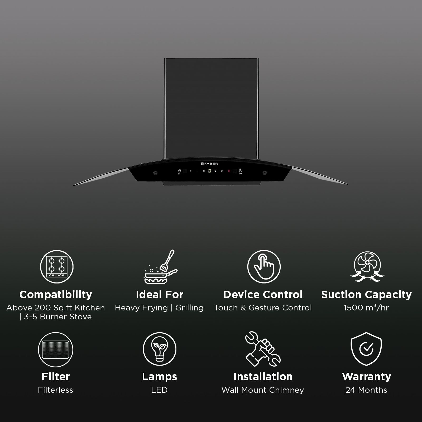 FABER HOOD LIBRA BLDC HC SC FL BK 90cm 1500m3/hr Ducted Auto Clean Wall Mounted Chimney with Touch and Gesture Control (Black) FABER HOOD LIBRA BLDC HC SC FL BK 90cm 1500m3/hr Ducted Auto Clean Wall Mounted Chimney with Touch and Gesture Control (Black)_3