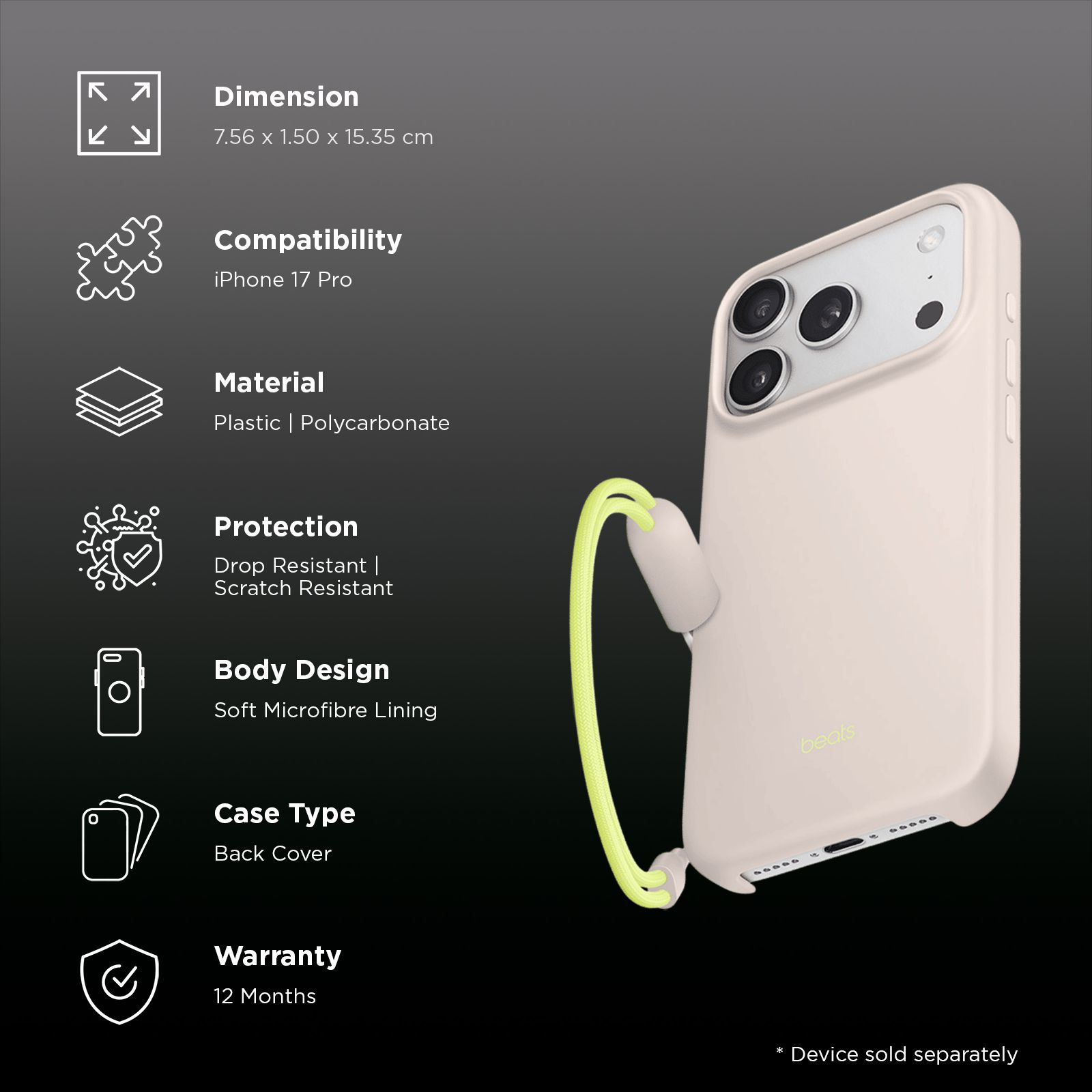 beats Polycarbonate & Plastic Hard Back Cover for Apple iPhone 17 Pro (MagSafe Charging Compatible, Lime Stone) beats Polycarbonate & Plastic Hard Back Cover for Apple iPhone 17 Pro (MagSafe Charging Compatible, Lime Stone)_2