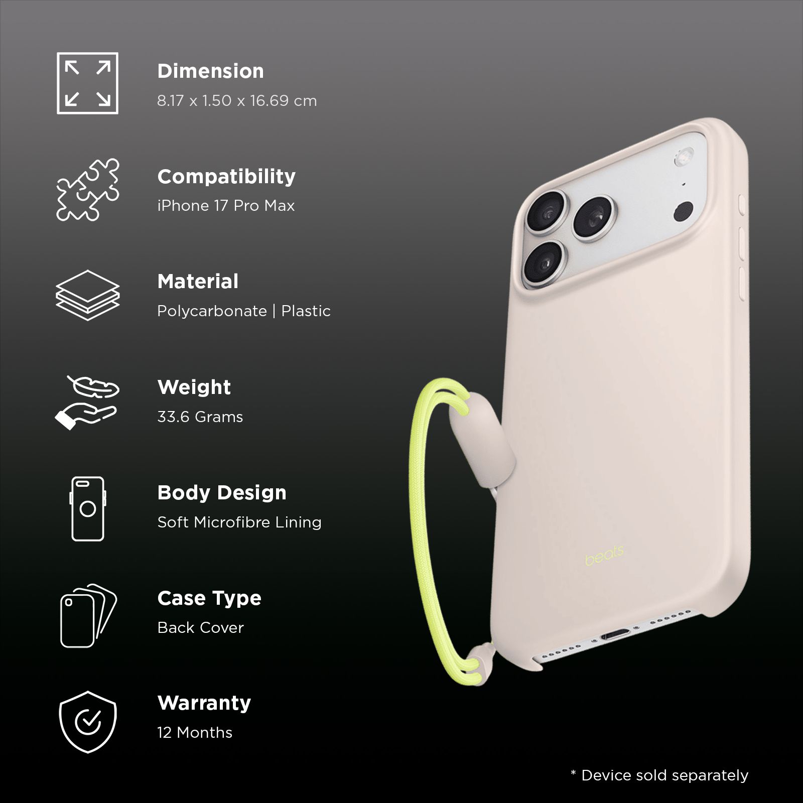 beats Polycarbonate & Plastic Hard Back Cover for Apple iPhone 17 Pro Max (MagSafe Charging Compatible, Lime Stone) beats Polycarbonate & Plastic Hard Back Cover for Apple iPhone 17 Pro Max (MagSafe Charging Compatible, Lime Stone)_2