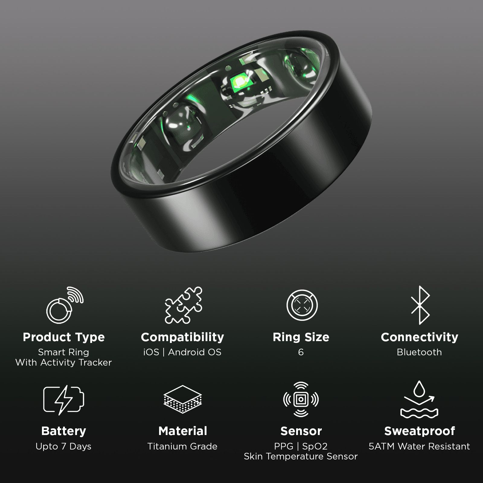 GABIT GSR01 Smart Ring 30+ Workout Modes & Holistic Health Tracking (Buy Sizing Kit First, Size 6, Titanium Build, Matte Black)_2