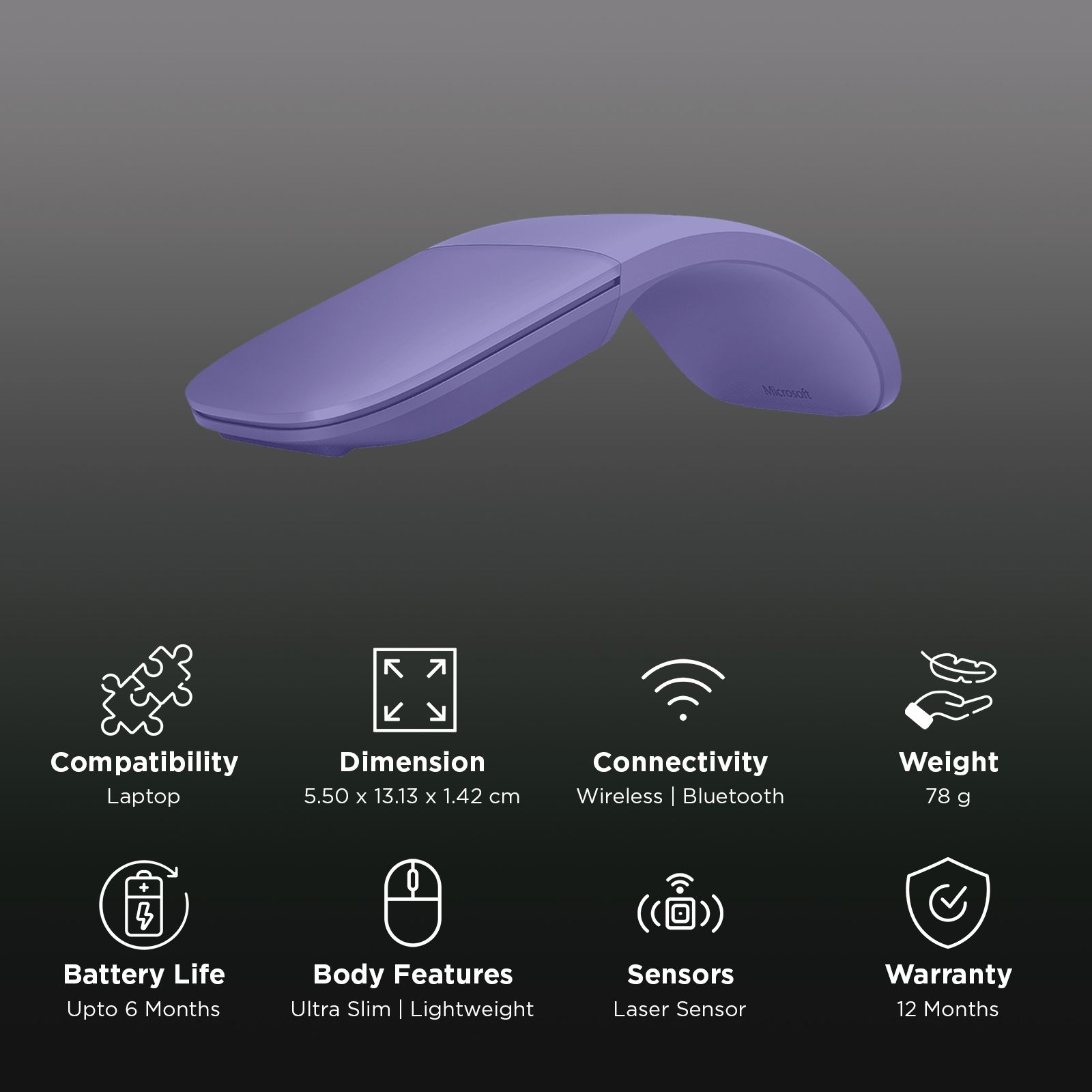 Microsoft Surface Arc Bluetooth Wireless Laser Mouse with Touch Scroll Plane (Vertically & Horizontally Scrolling, Violet) Microsoft Surface Arc Bluetooth Wireless Laser Mouse with Touch Scroll Plane (Vertically & Horizontally Scrolling, Violet)_2