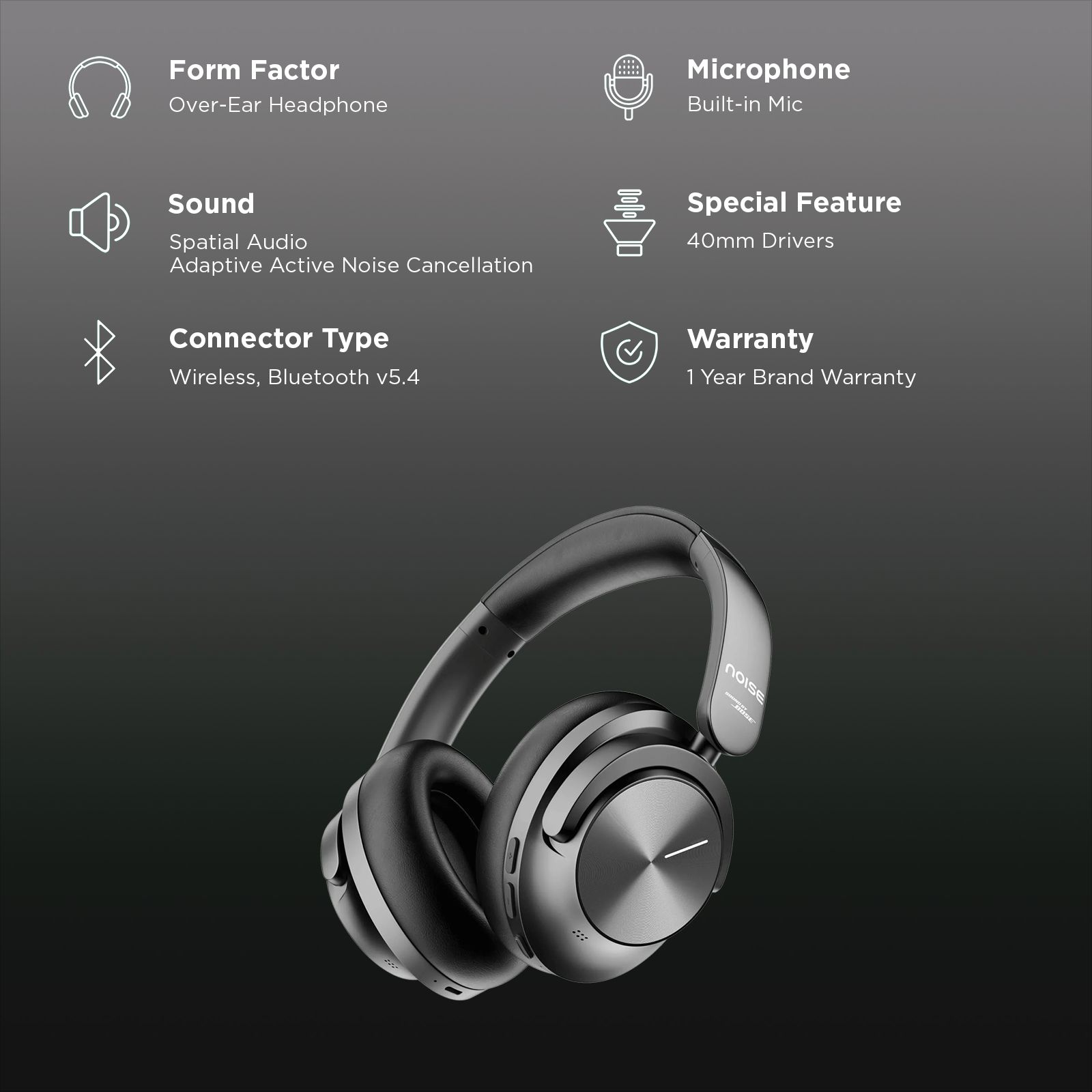 noise Master Buds Max Bluetooth Headphone with Mic (Adaptive Active Noise Cancellation, Over Ear, Onyx) noise Master Buds Max Bluetooth Headphone with Mic (Adaptive Active Noise Cancellation, Over Ear, Onyx)_2