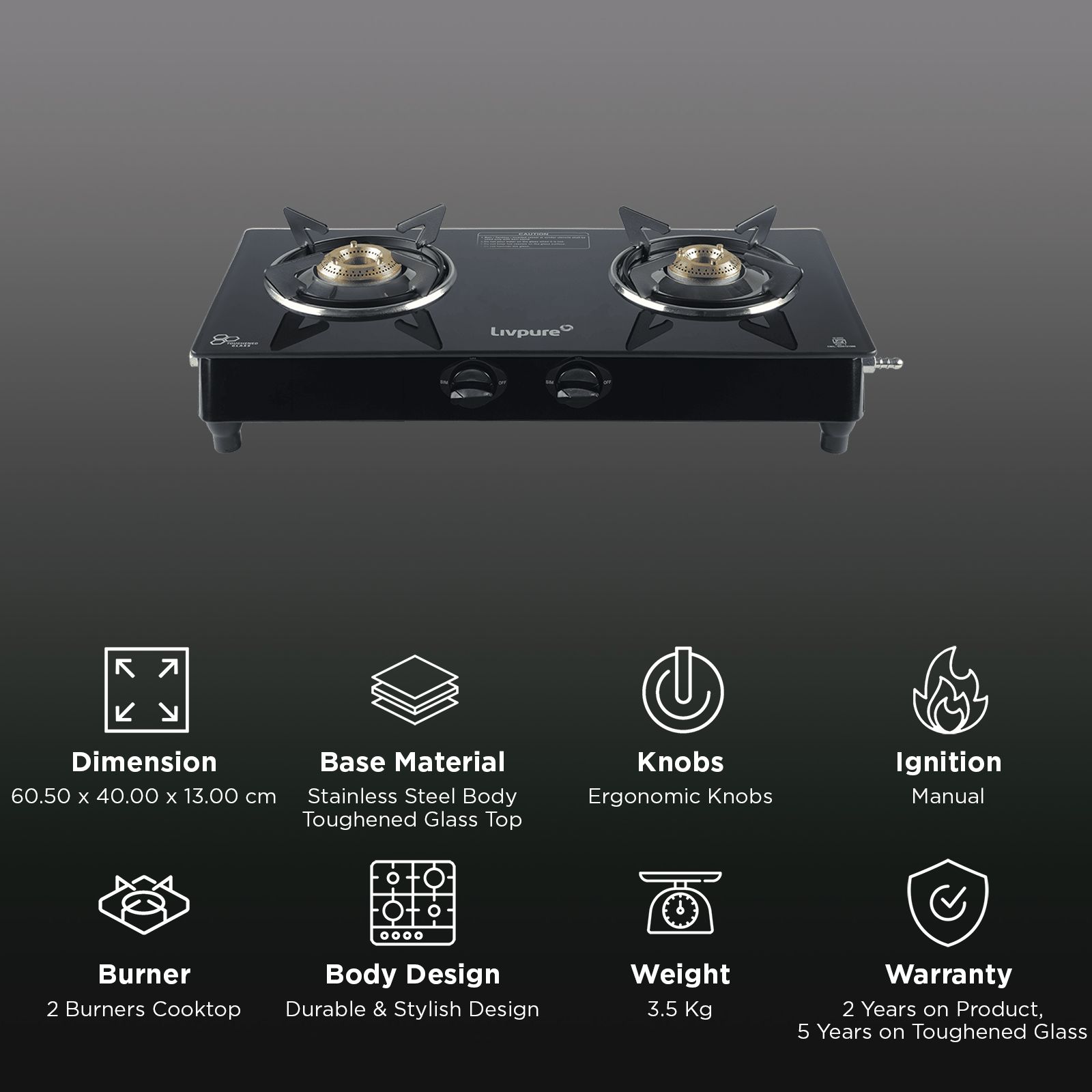 Livpure Nebula Toughened Glass Top 2 Burner Manual Gas Stove (Ergonomic Knobs, Black) Livpure Nebula Toughened Glass Top 2 Burner Manual Gas Stove (Ergonomic Knobs, Black)_3