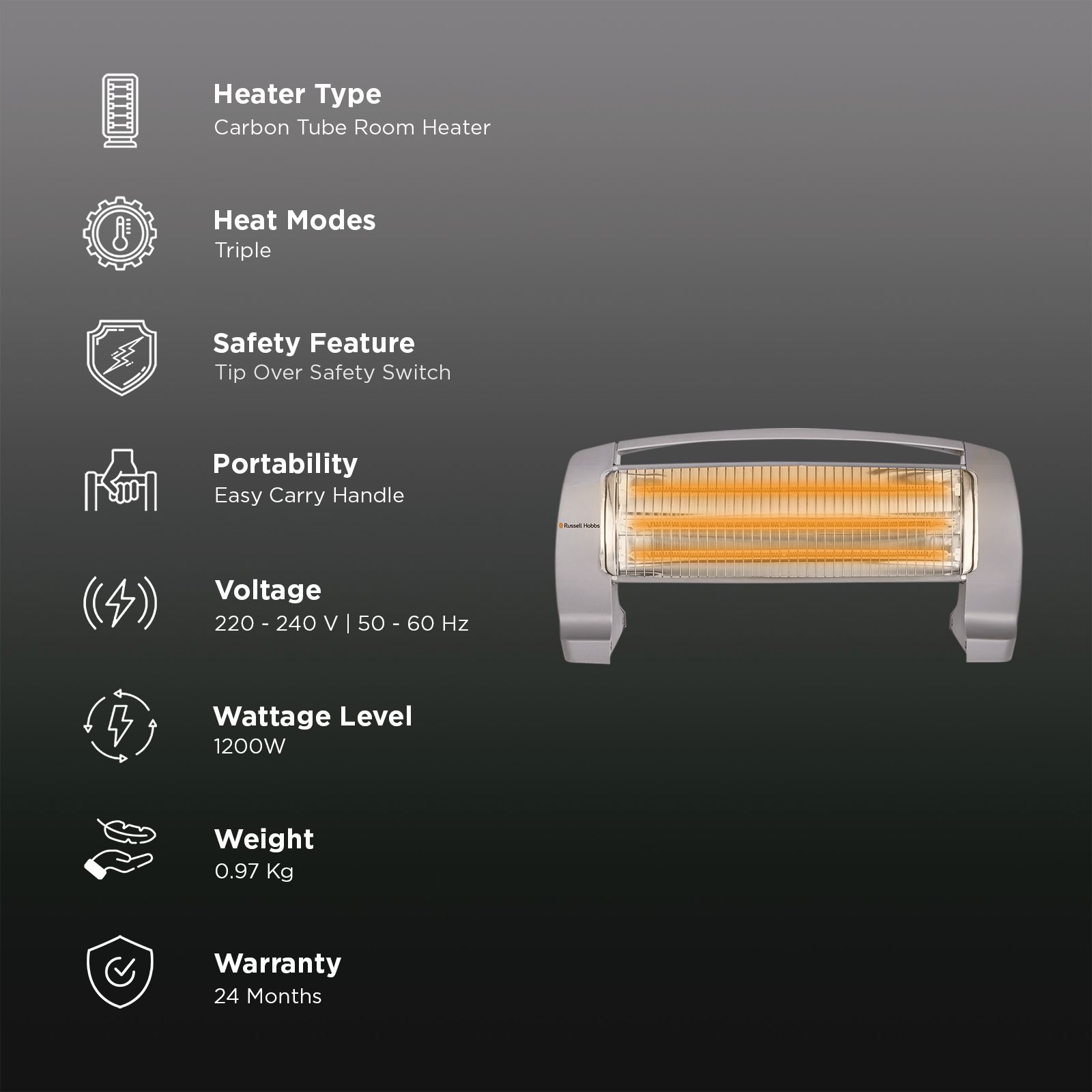 Russell Hobbs HeatLine 1200W Carbon Room Heater with 3 Heating Modes (Triple Carbon Tubes, Grey)_3