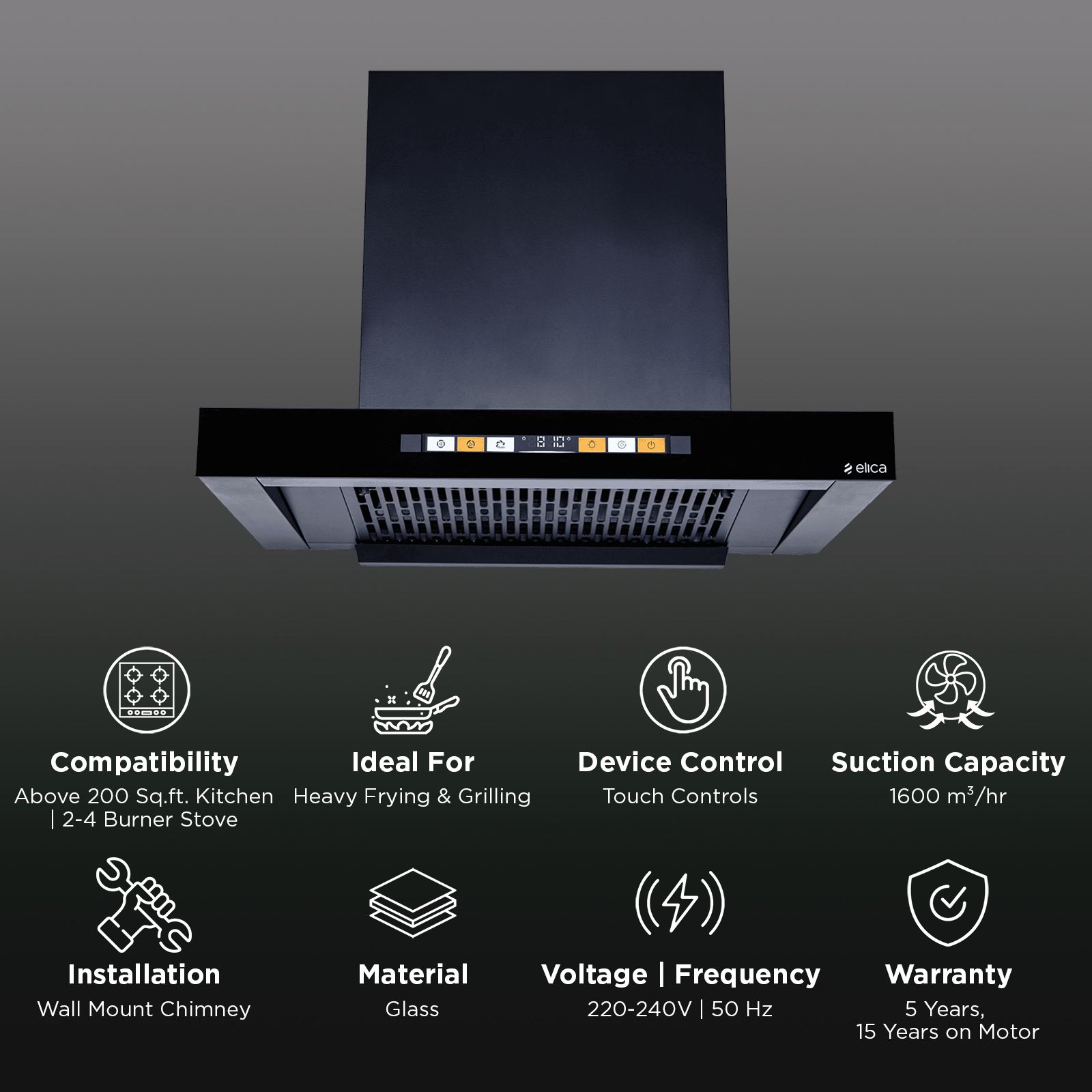 elica T60 SMART BLDC FL HAC LTW MS NERO 60cm 1600m3/hr Ducted Auto Clean Wall Mounted Chimney with Motion Sensor (Black)_3