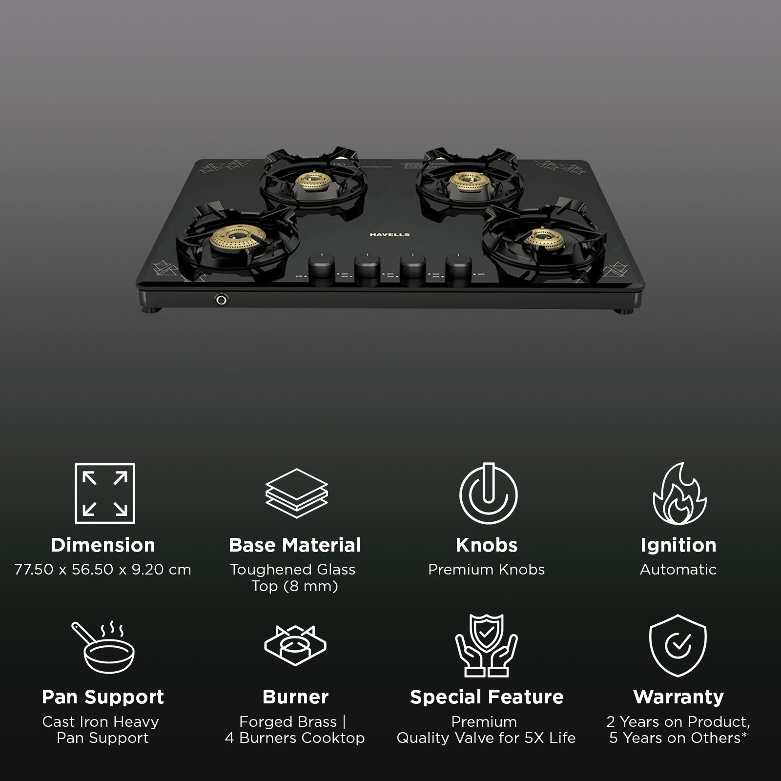 Havells Nucleus Toughened Glass Top 4 Burner Automatic Gas Stove (Heavy Duty Brass Burner, Black) Havells Nucleus Toughened Glass Top 4 Burner Automatic Gas Stove (Heavy Duty Brass Burner, Black)_3