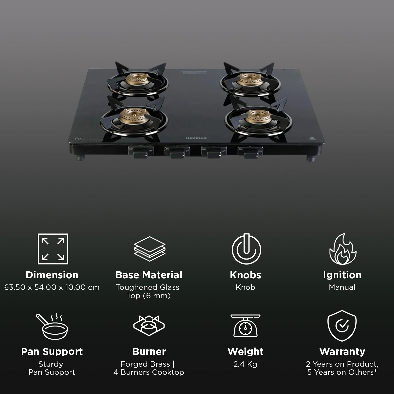 Havells Calore Toughened Glass Top 4 Burner Manual Gas Stove (Heavy Duty Brass Burner, Black) Havells Calore Toughened Glass Top 4 Burner Manual Gas Stove (Heavy Duty Brass Burner, Black)_3