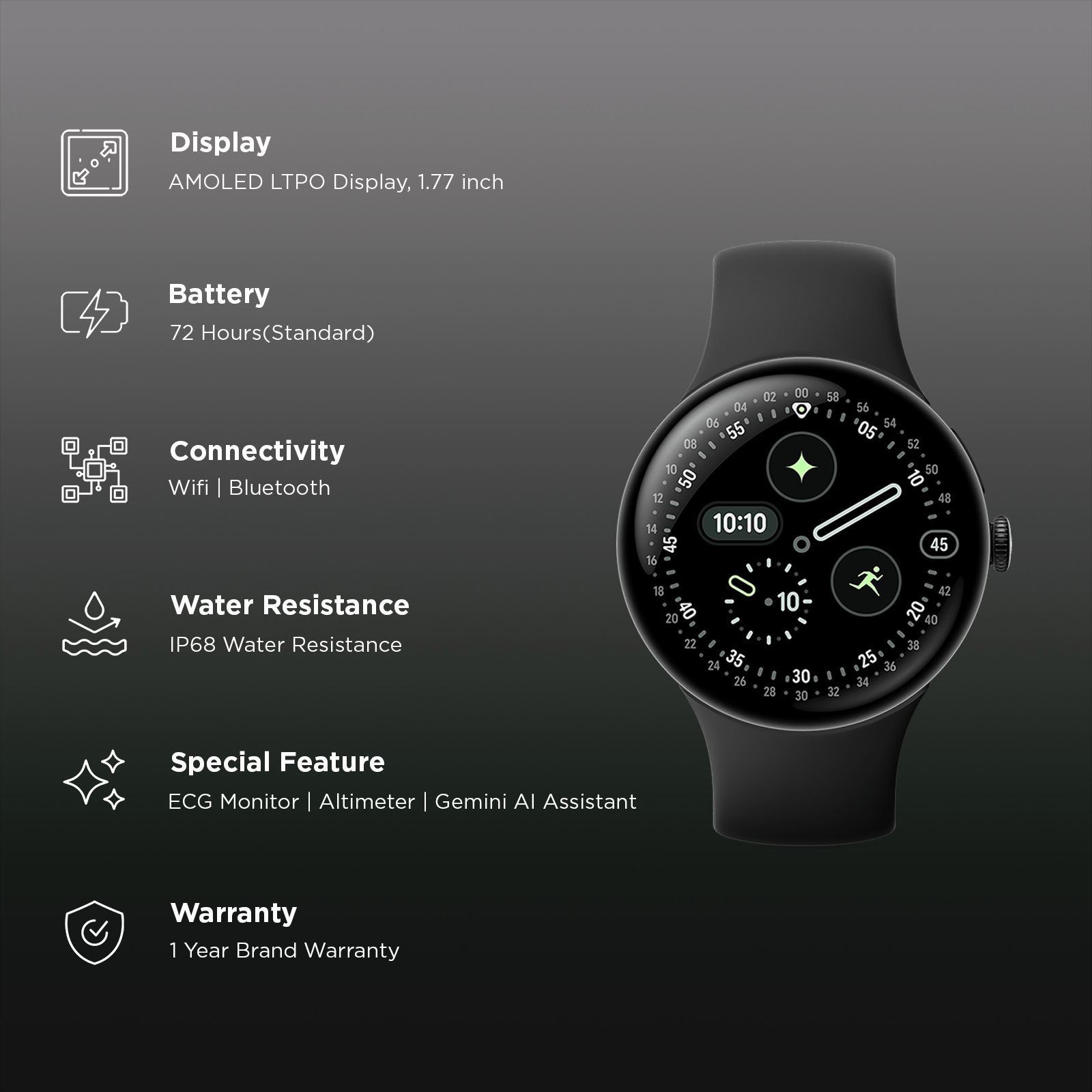 Google Pixel Watch 4 Wi-Fi+Bluetooth Wear OS 6.0 Smartwatch (45mm AMOLED LTPO Display, Qualcomm Snapdragon W5 Gen 2 Cortex-M55, Health Tracking Insights, Obsidian Active Band)_2