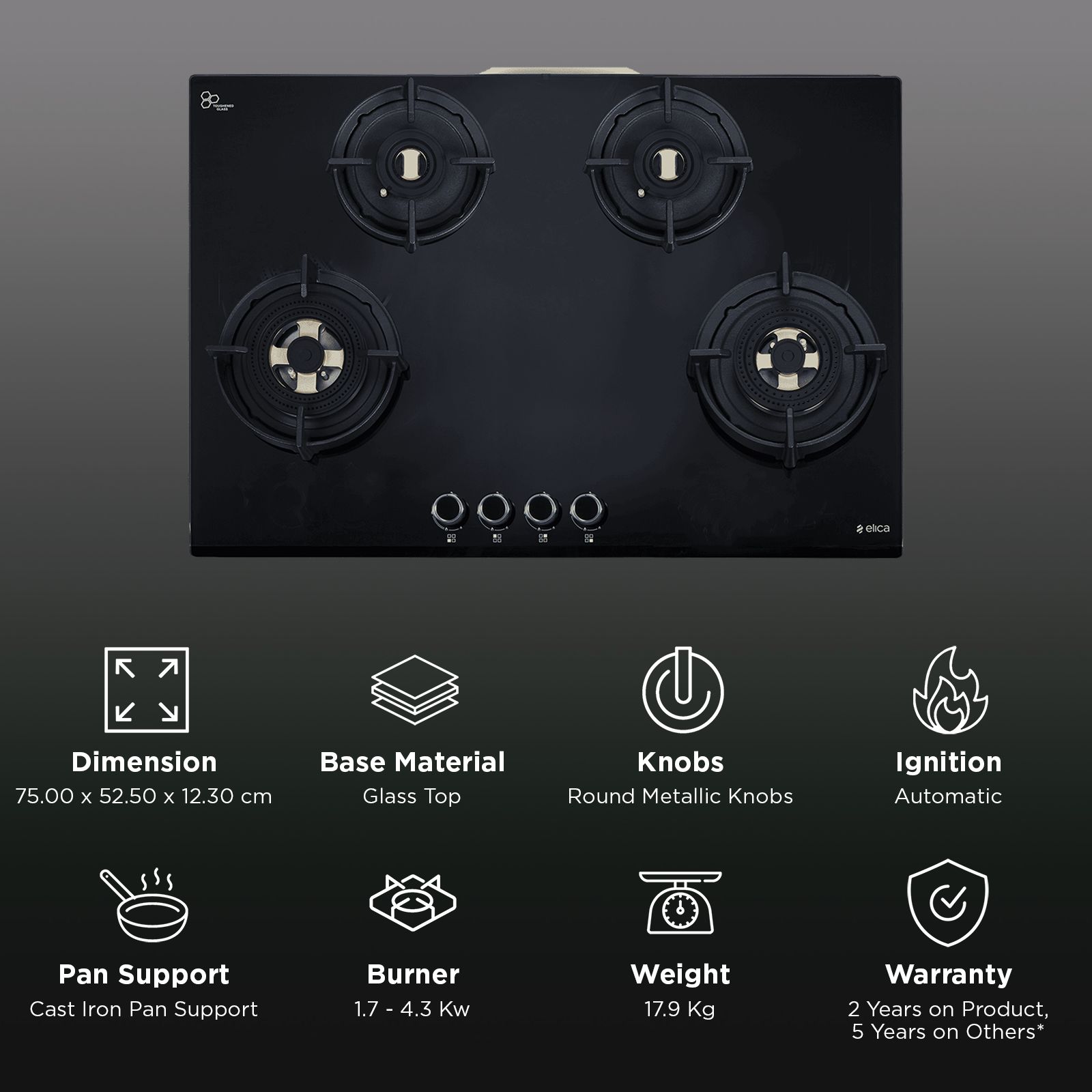 elica FLEXI DFS FB MFC 4B 75 FFD Glass Top 4 Burners Automatic Hob (Flame Failure Device, Black Glass)_3