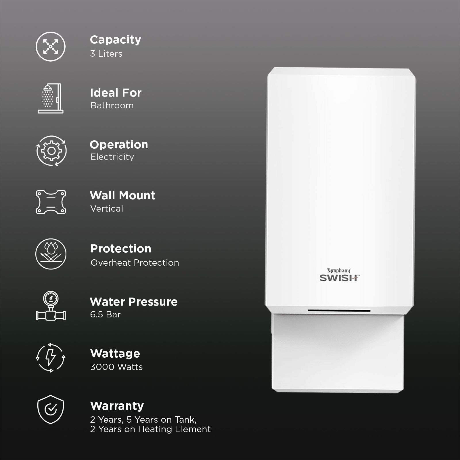 Symphony Swish 3 Litre Vertical Instant Geyser With Overheat Protection (White)_3
