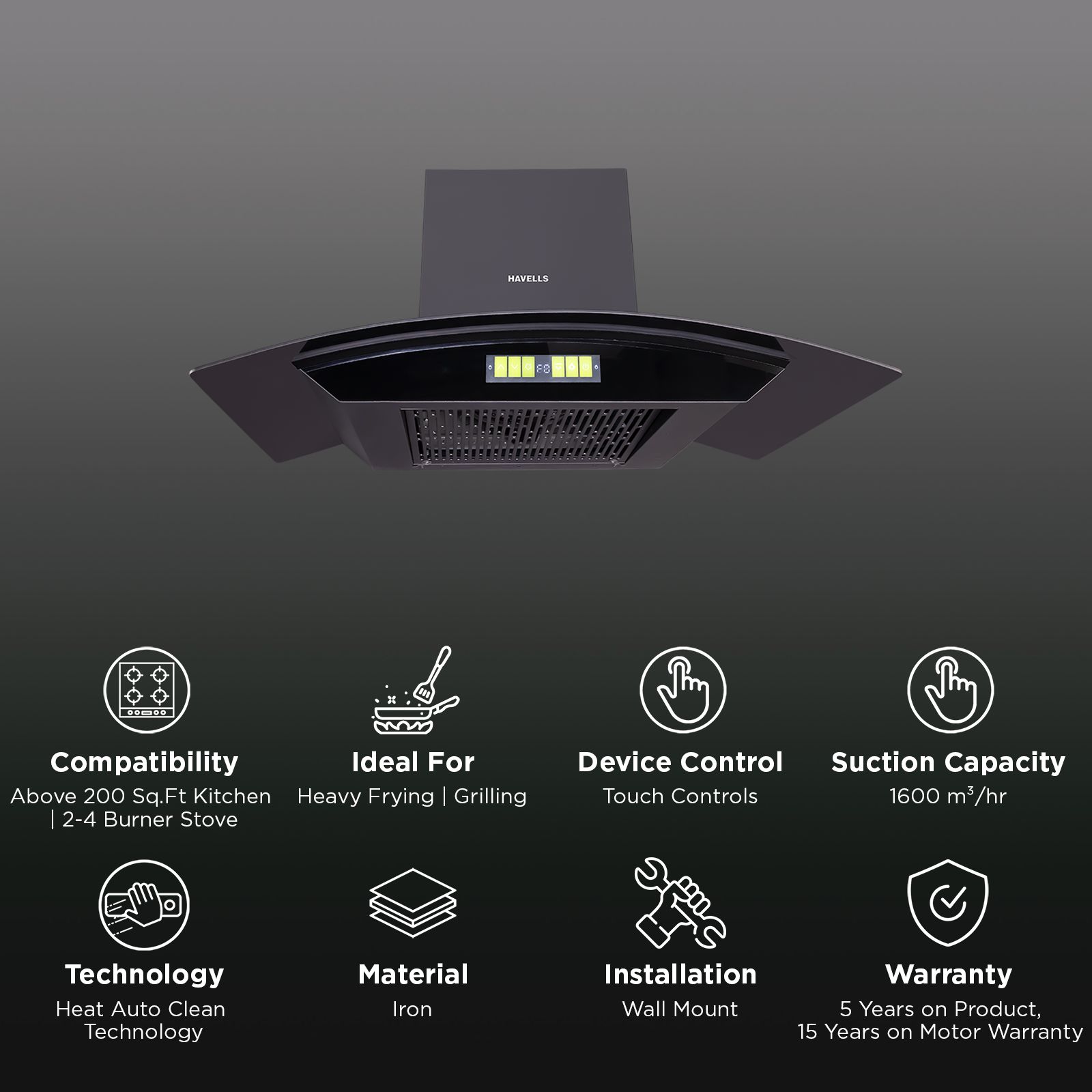 Havells Canis Neo 60 cm 1600m3/hr Ducted Auto Clean Wall Mounted Chimney With Hand Wave Controls (Black) Havells Canis Neo 60 cm 1600m3/hr Ducted Auto Clean Wall Mounted Chimney With Hand Wave Controls (Black)_3