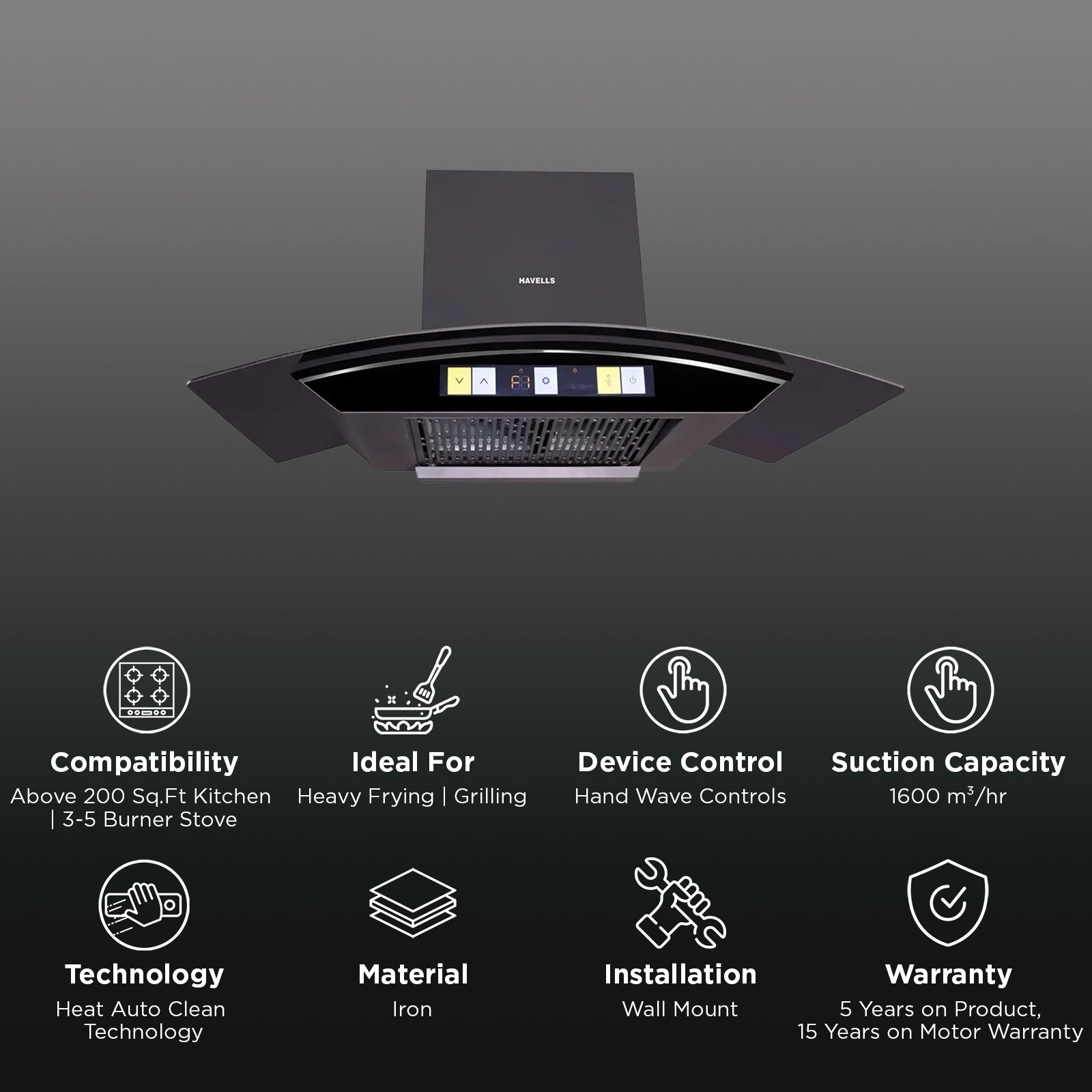HAVELLS Canis Neo 90cm 1600m3/hr Ducted Auto Clean Wall Mounted Chimney with Hand Wave Controls (Black) HAVELLS Canis Neo 90cm 1600m3/hr Ducted Auto Clean Wall Mounted Chimney with Hand Wave Controls (Black)_3