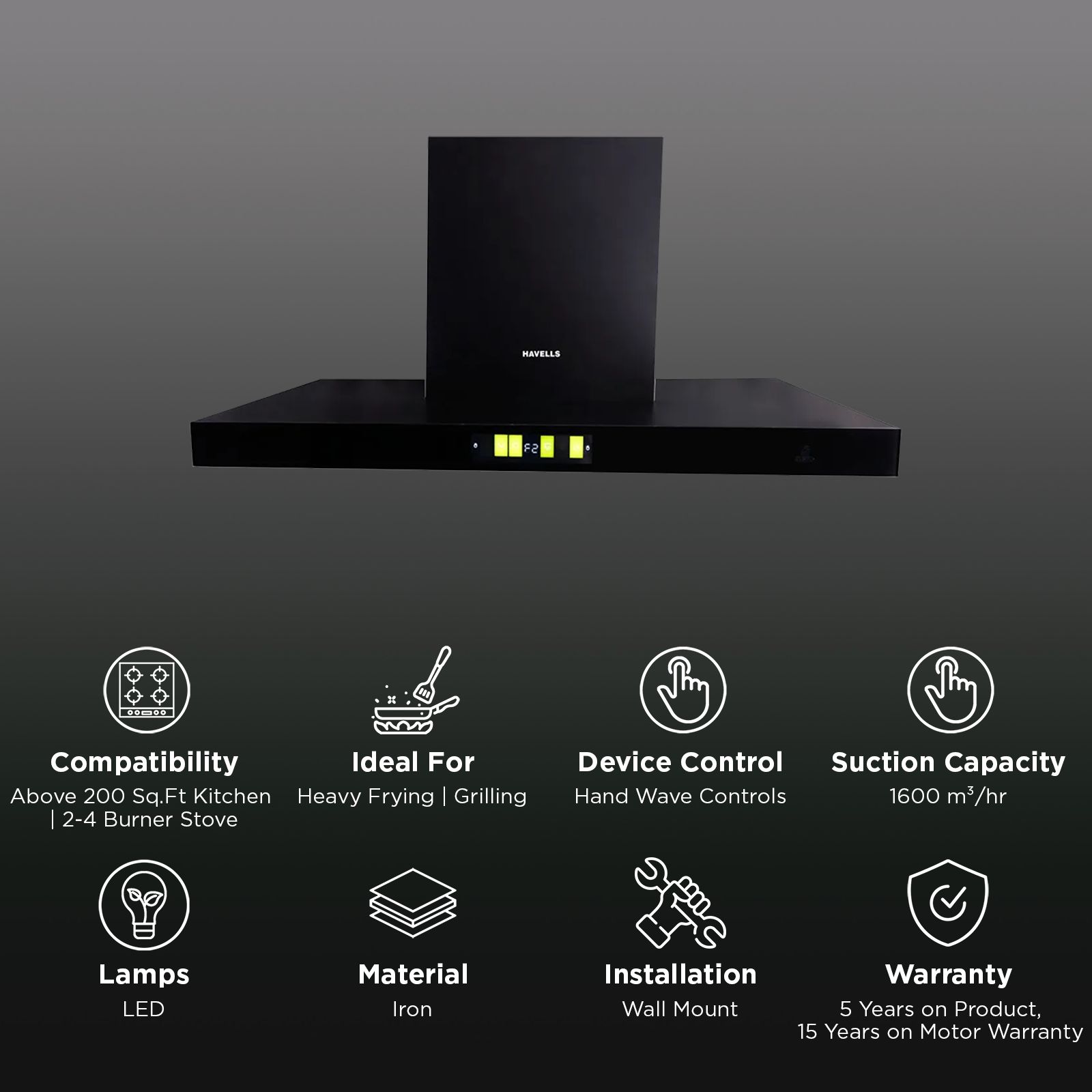 Havells Proxima 60 cm 1600m3/hr Ducted Auto Clean Wall Mounted Chimney With Hand Wave Controls (Black)_3