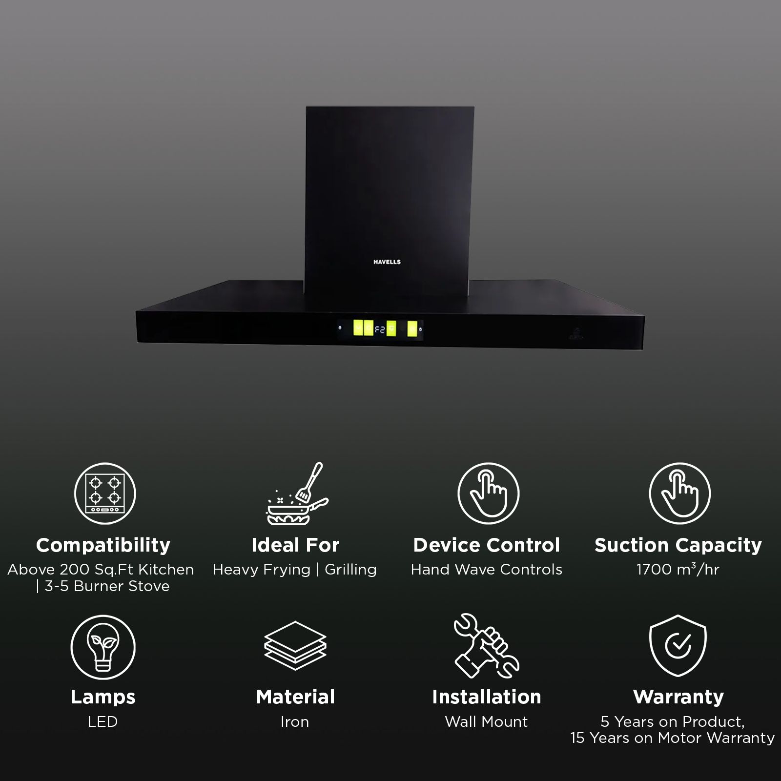 HAVELLS Proxima 90cm 1700m3/hr Ducted Auto Clean Wall Mounted Chimney with Gesture Control (Black) HAVELLS Proxima 90cm 1700m3/hr Ducted Auto Clean Wall Mounted Chimney with Gesture Control (Black)_3