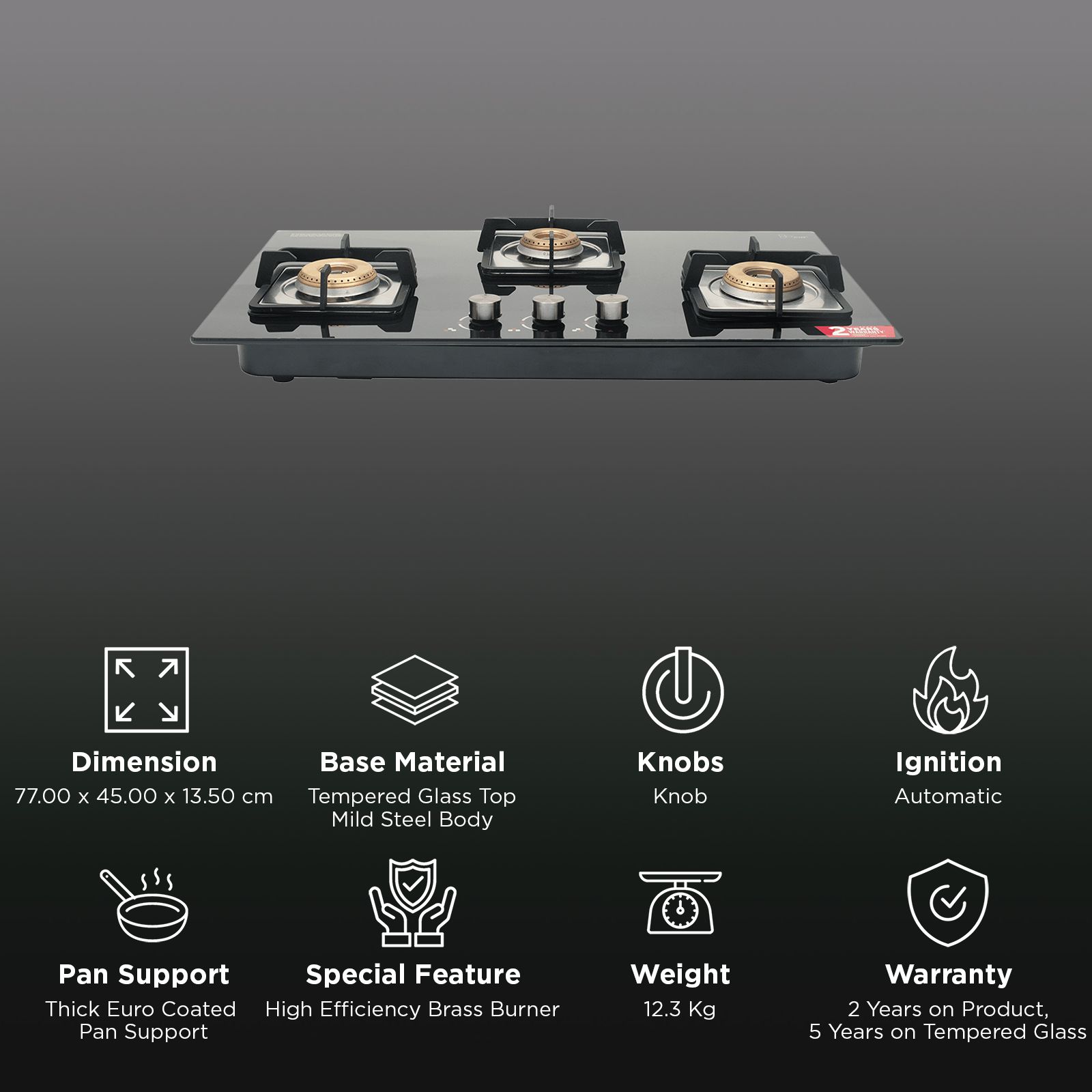 Kutchina STELLAR 3B Tempered Glass Top 3 Burner Automatic Hob (Euro Coated Thick Pan Support, Black) Kutchina STELLAR 3B Tempered Glass Top 3 Burner Automatic Hob (Euro Coated Thick Pan Support, Black)_3