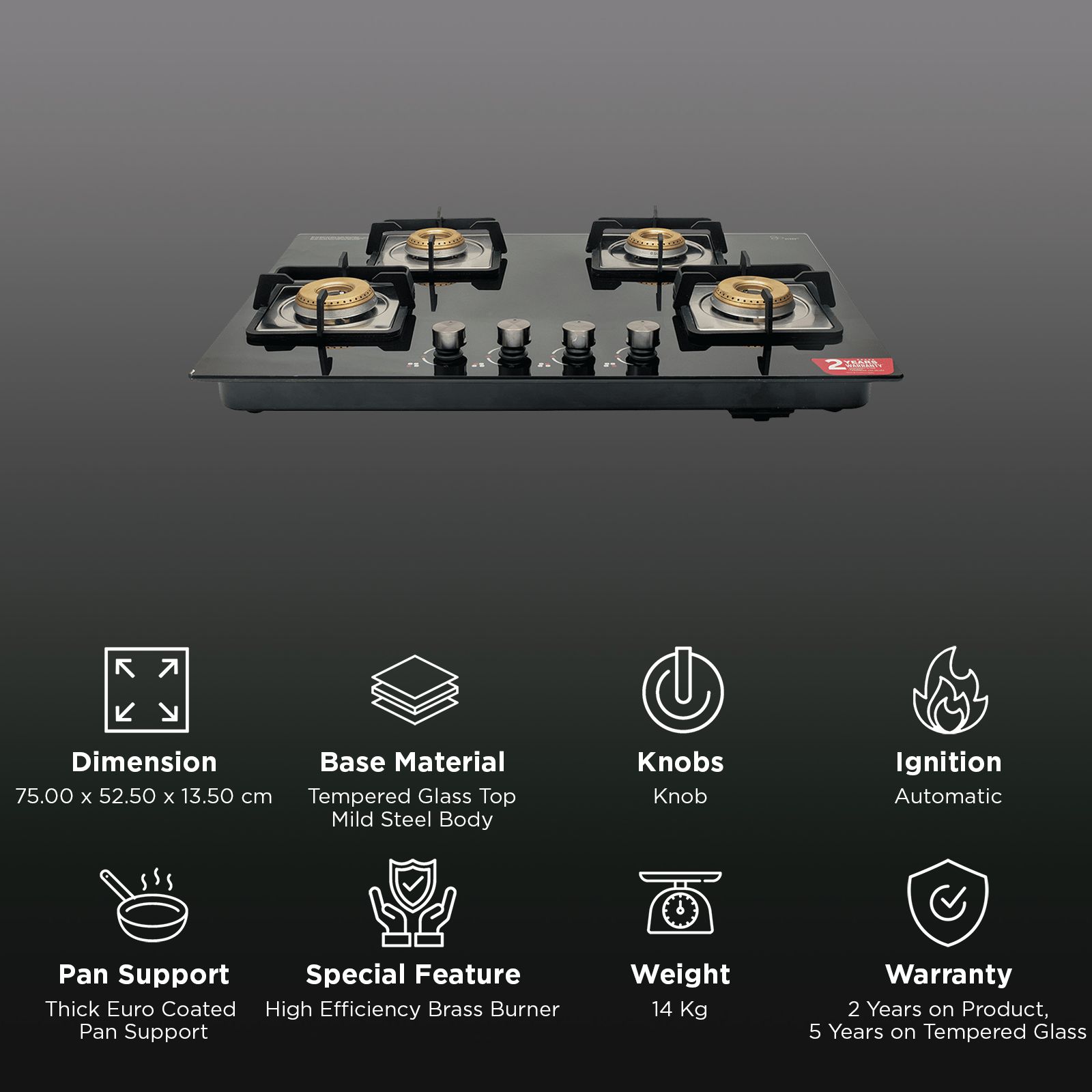Kutchina STELLAR 4B Tempered Glass Top 4 Burner Automatic Hob (Euro Coated Thick Pan Support, Black)_3