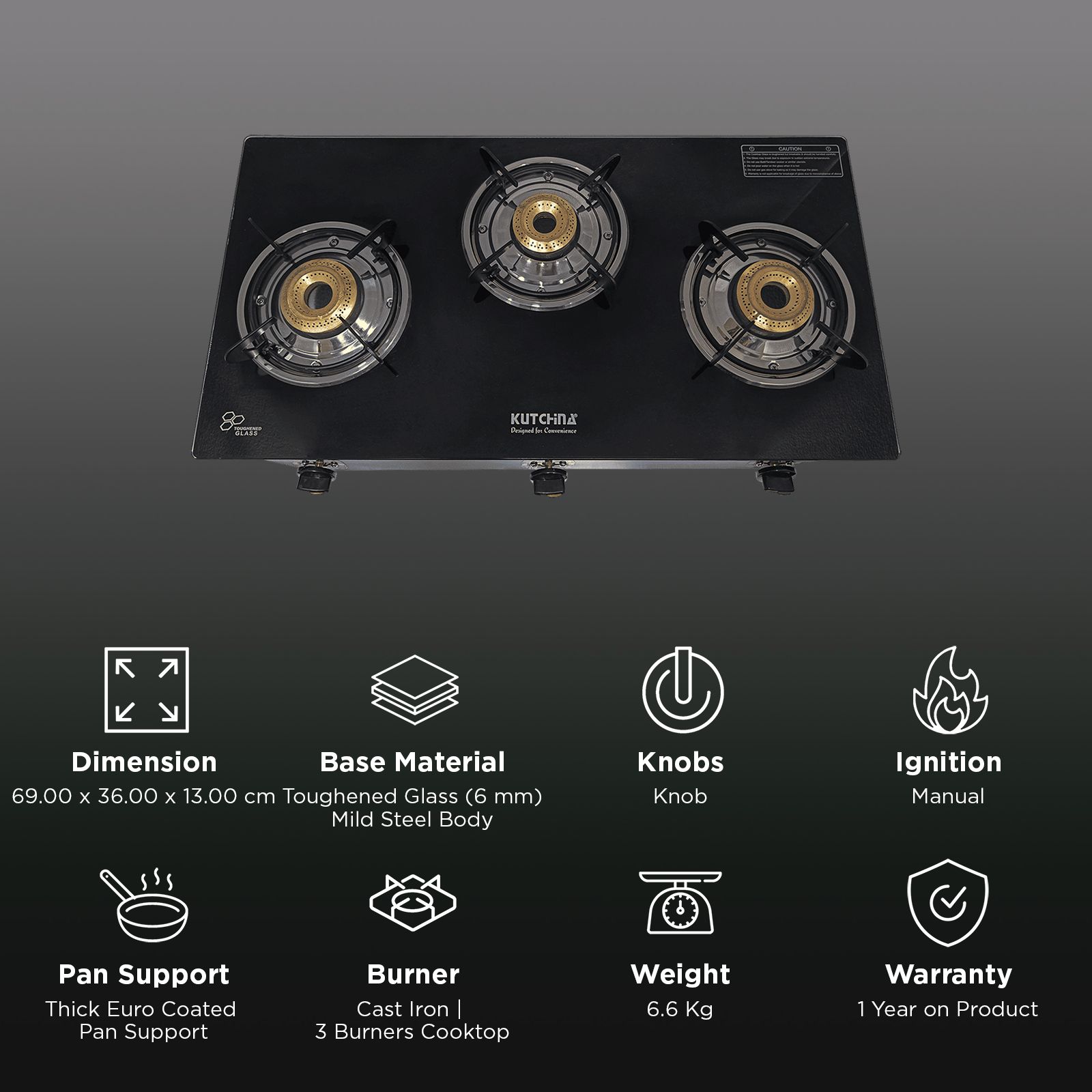 Kutchina CT ECO 3B Toughened Glass Top 3 Burner Manual Gas Stove (Euro Coated Thick Pan Support, Black) Kutchina CT ECO 3B Toughened Glass Top 3 Burner Manual Gas Stove (Euro Coated Thick Pan Support, Black)_3