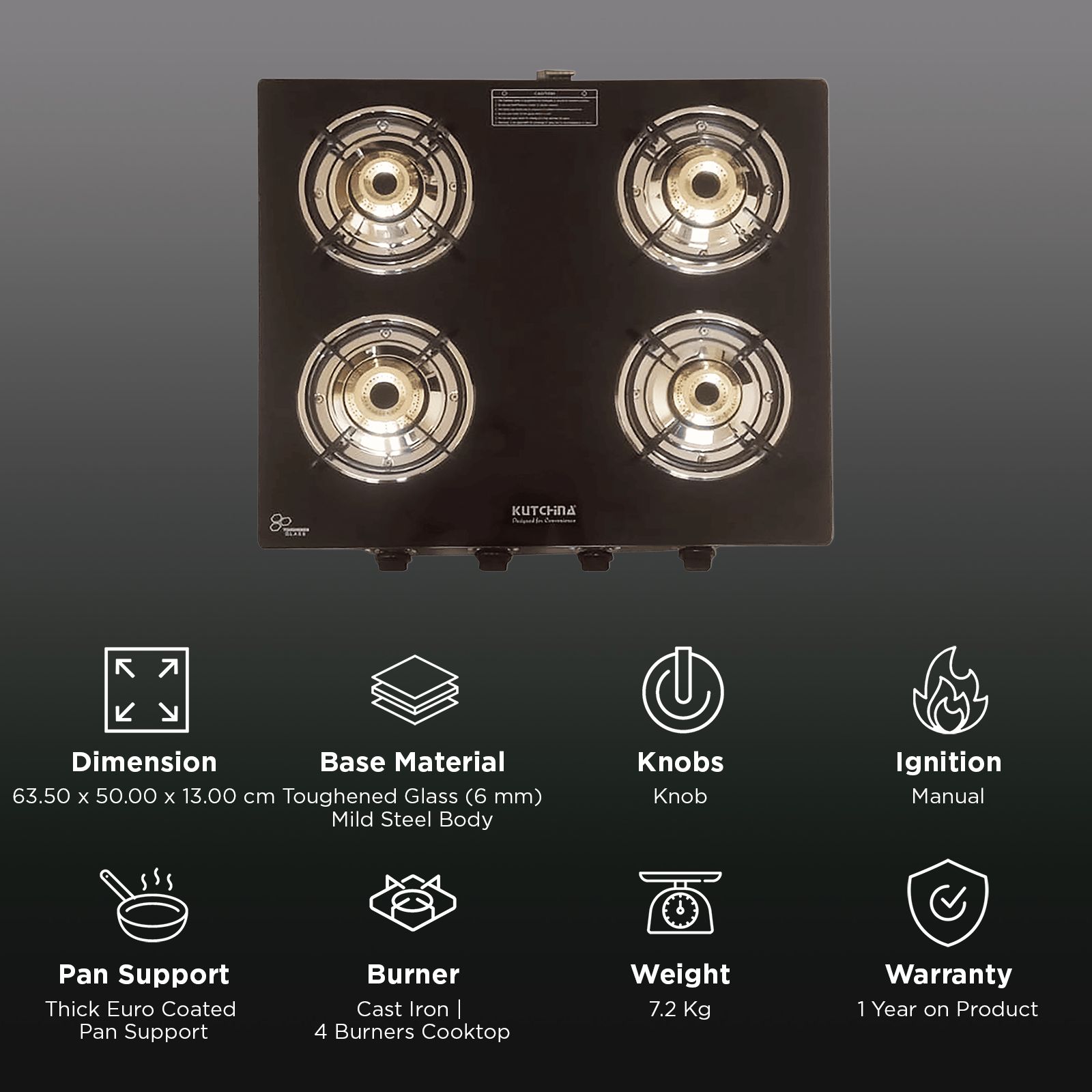 Kutchina CT ECO 4B Toughened Glass Top 4 Burner Manual Gas Stove (Euro Coated Thick Pan Support, Black) Kutchina CT ECO 4B Toughened Glass Top 4 Burner Manual Gas Stove (Euro Coated Thick Pan Support, Black)_3