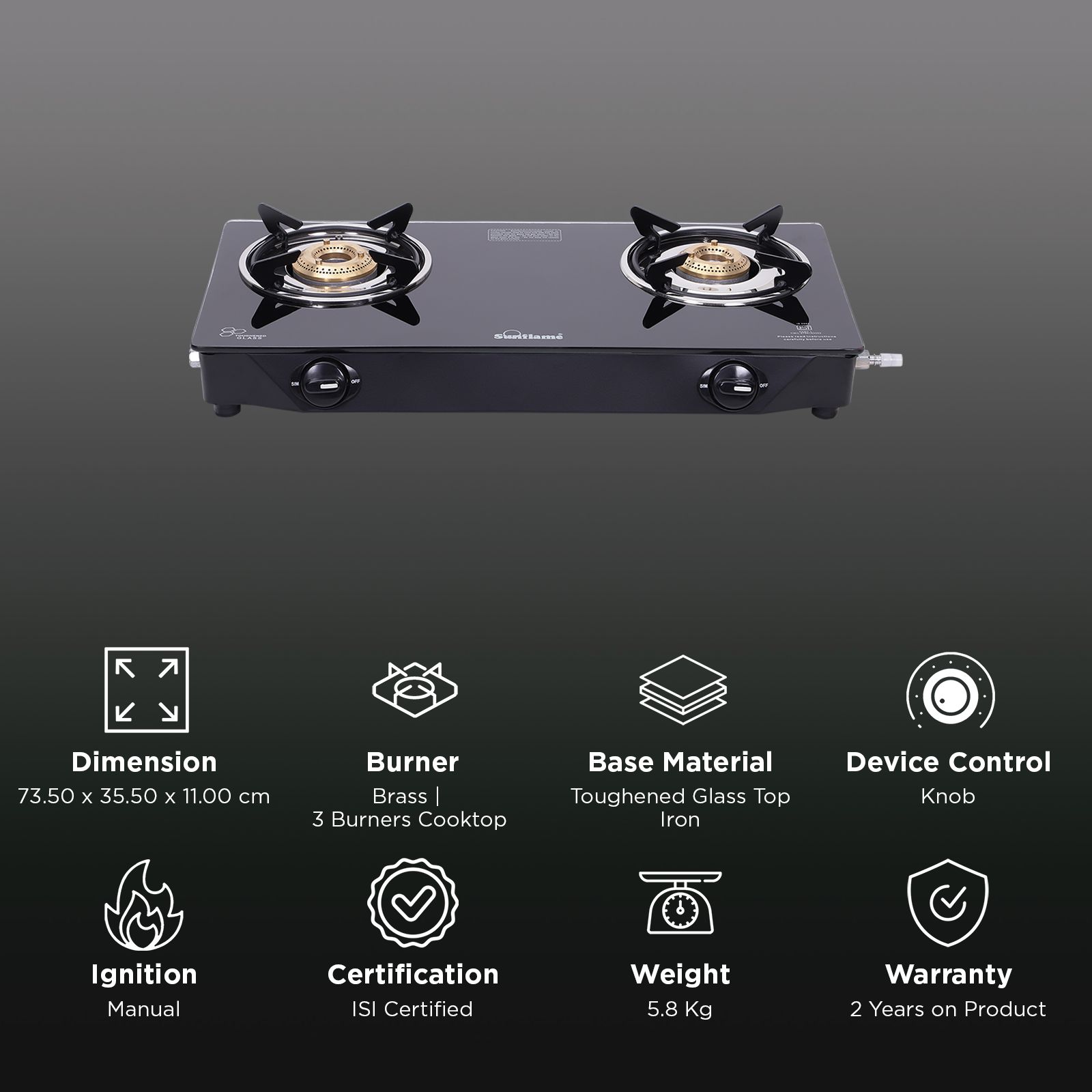 Sunflame Venza Toughened Glass Top 3 Burner Manual Gas Stove (Knob Control, Black)_3