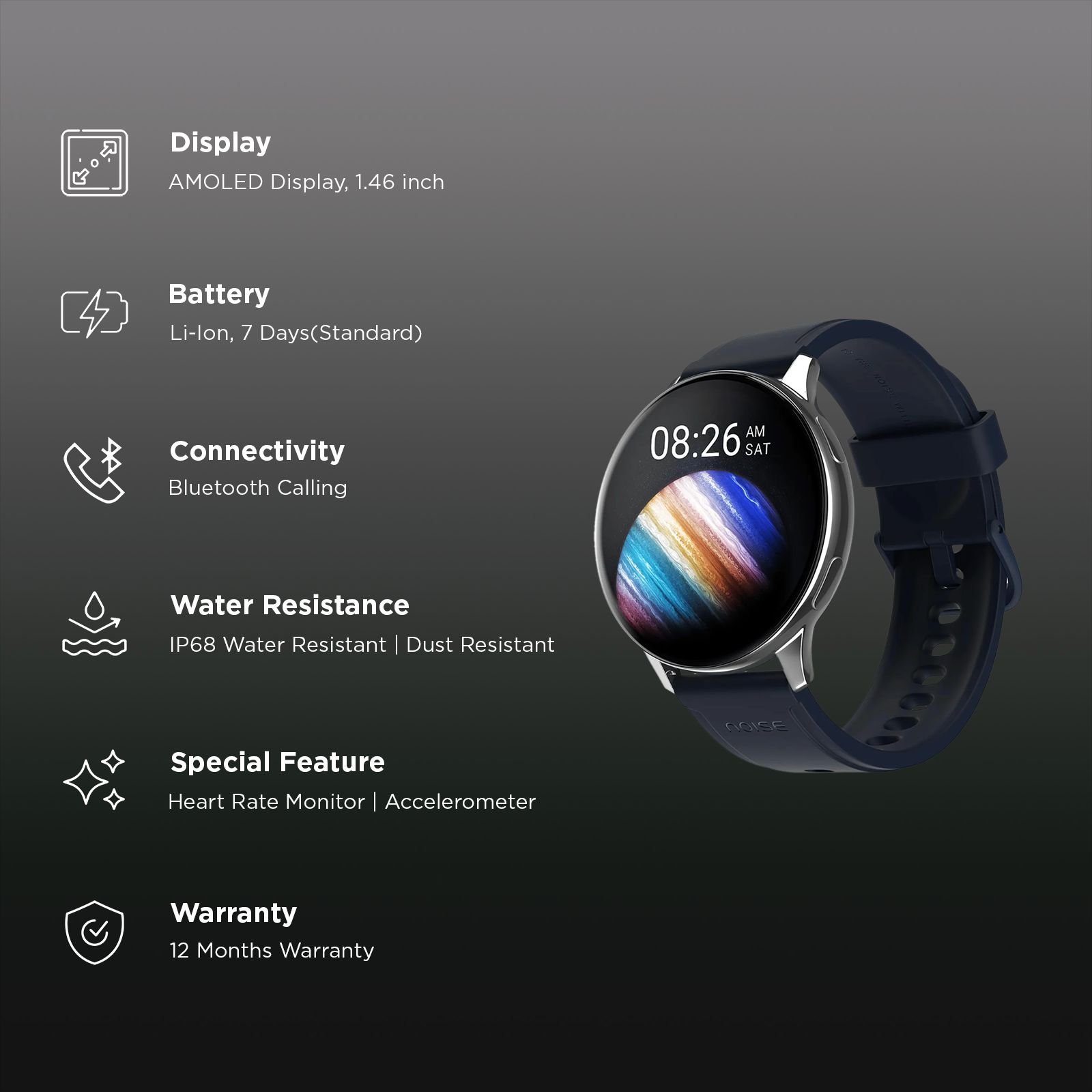 Noise Vortex Plus Smartwatch with Bluetooth Calling (37mm AMOLED Display, IP68 Water Resistant, Space Blue Strap)_3