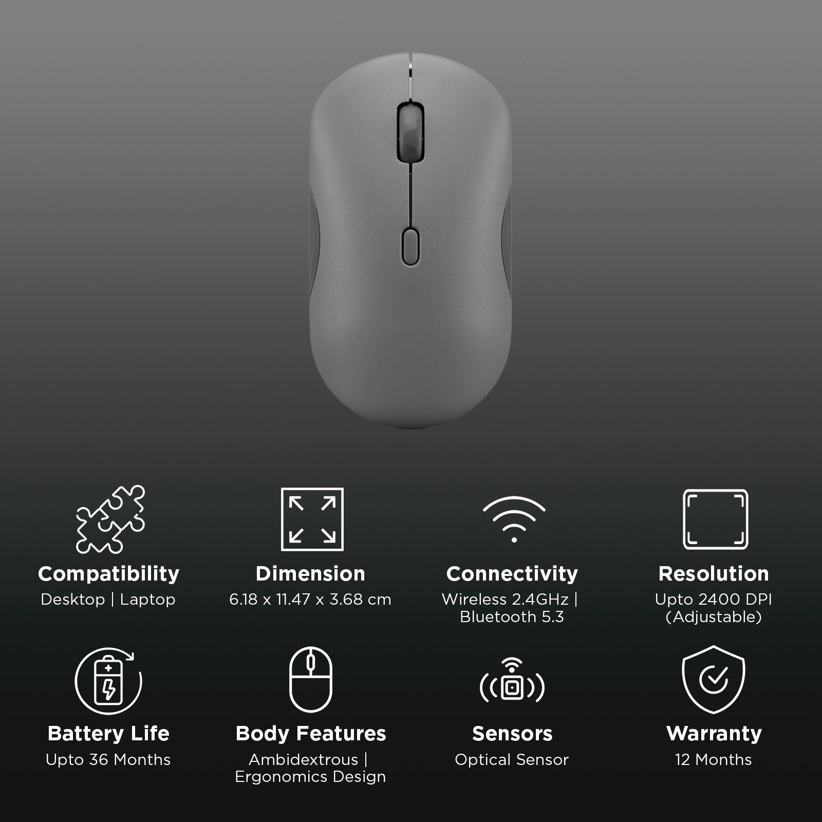 Lenovo 350 Silent Bluetooth 5.3 Wireless Optical Performance Mouse with Customizable Buttons (2400 DPI Adjustable, Full-size Ambidextrous Ergonomic, Luna Grey) Lenovo 350 Silent Bluetooth 5.3 Wireless Optical Performance Mouse with Customizable Buttons (2400 DPI Adjustable, Full-size Ambidextrous Ergonomic, Luna Grey)_2
