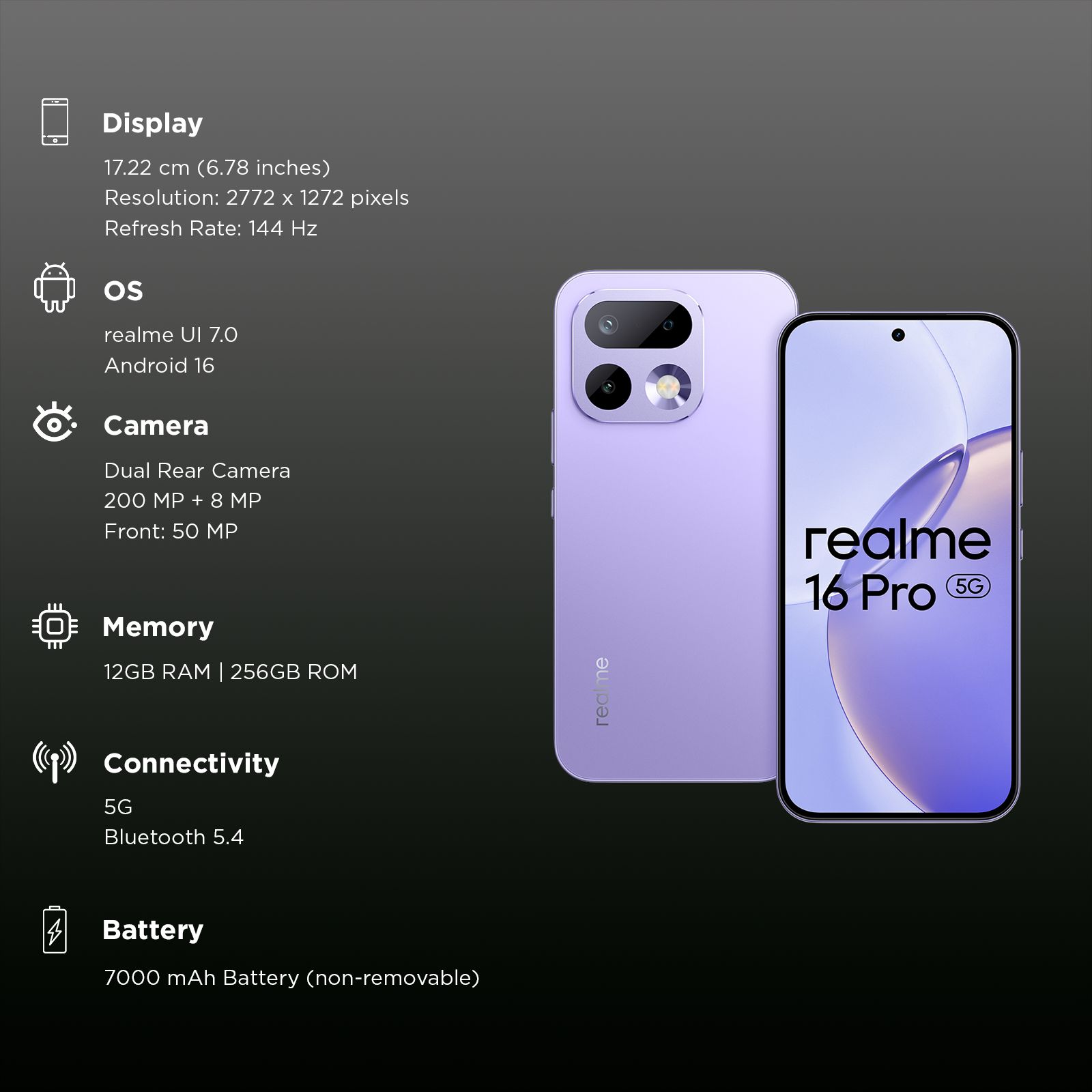 realme 16 Pro 5G (12GB RAM, 256GB, Orchid Purple) realme 16 Pro 5G (12GB RAM, 256GB, Orchid Purple)_3