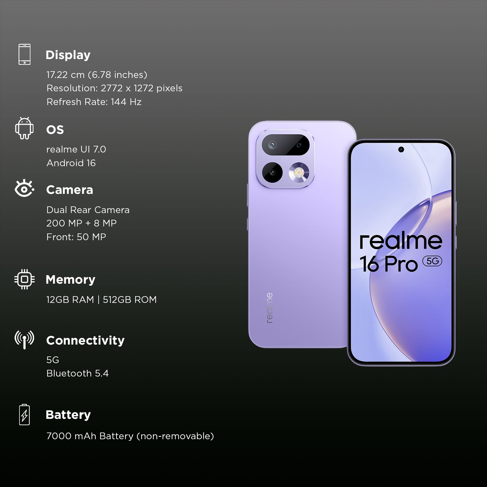 realme 16 Pro 5G (12GB RAM, 512GB, Orchid Purple) realme 16 Pro 5G (12GB RAM, 512GB, Orchid Purple)_3