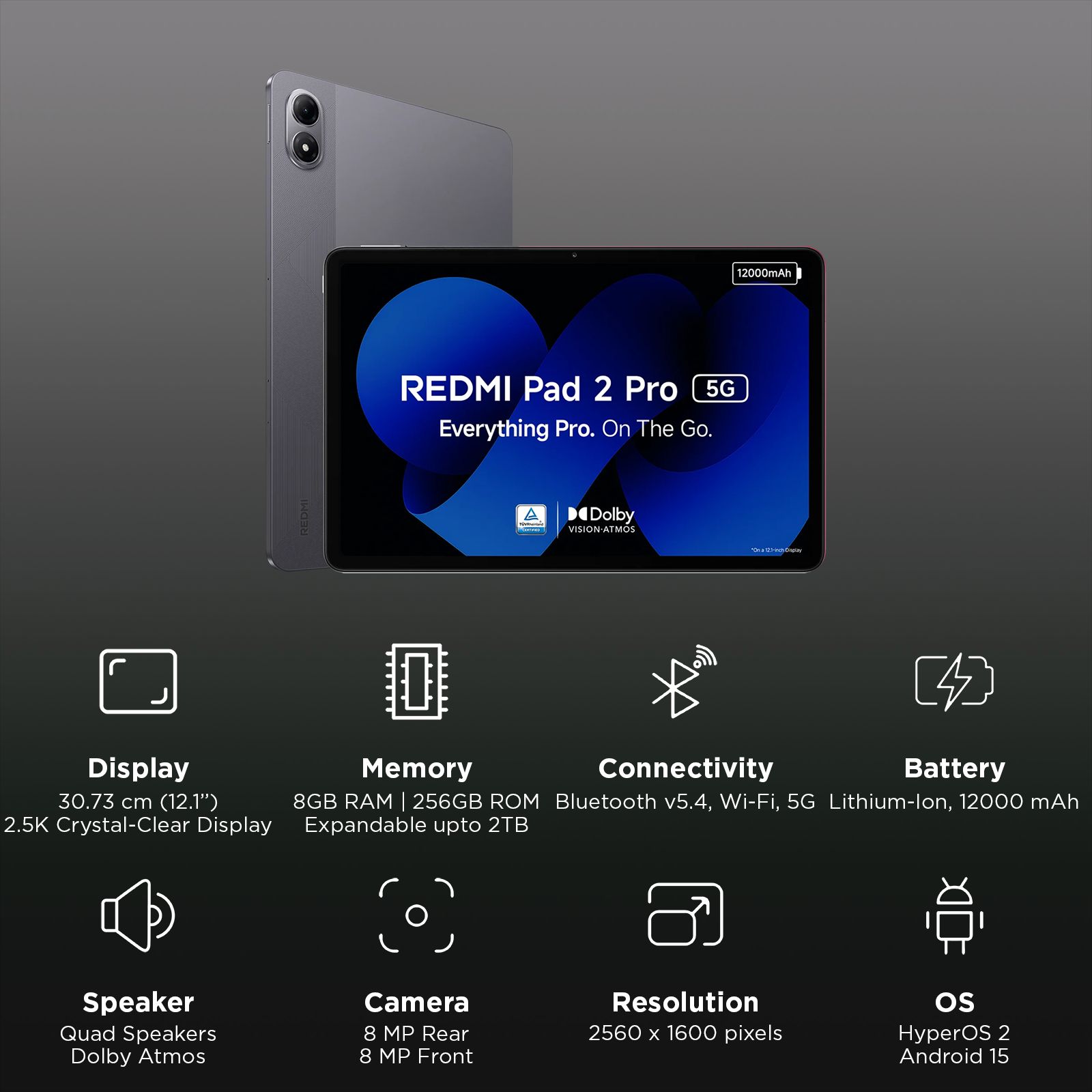 Redmi Pad 2 Pro Wi-Fi+5G Android Tablet (12.1 Inch, 8GB RAM, 256GB ROM, Graphite Grey) Redmi Pad 2 Pro Wi-Fi+5G Android Tablet (12.1 Inch, 8GB RAM, 256GB ROM, Graphite Grey)_3