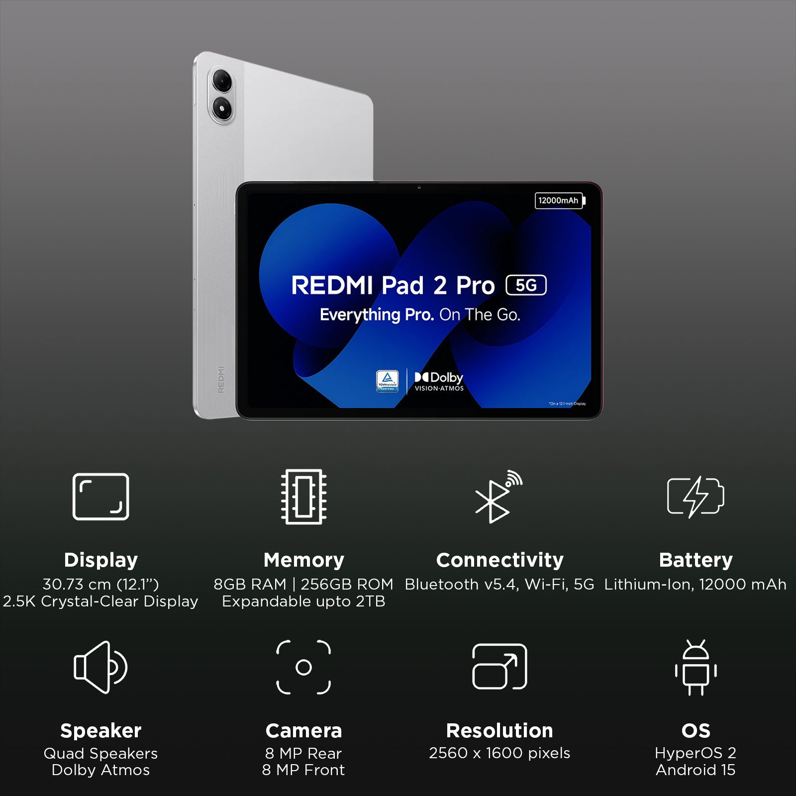 Redmi Pad 2 Pro Wi-Fi+5G Android Tablet (12.1 Inch, 8GB RAM, 256GB ROM, Quick Silver)_3