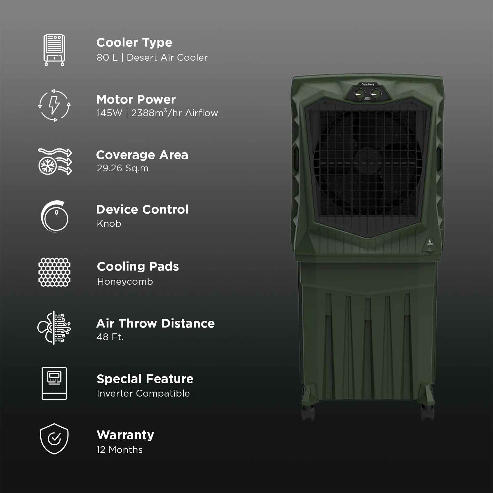 Symphony Air Force 90 80 Litres Desert Air Cooler with Auto Louver Movement (Inverter Compatible, Militry Green)_3