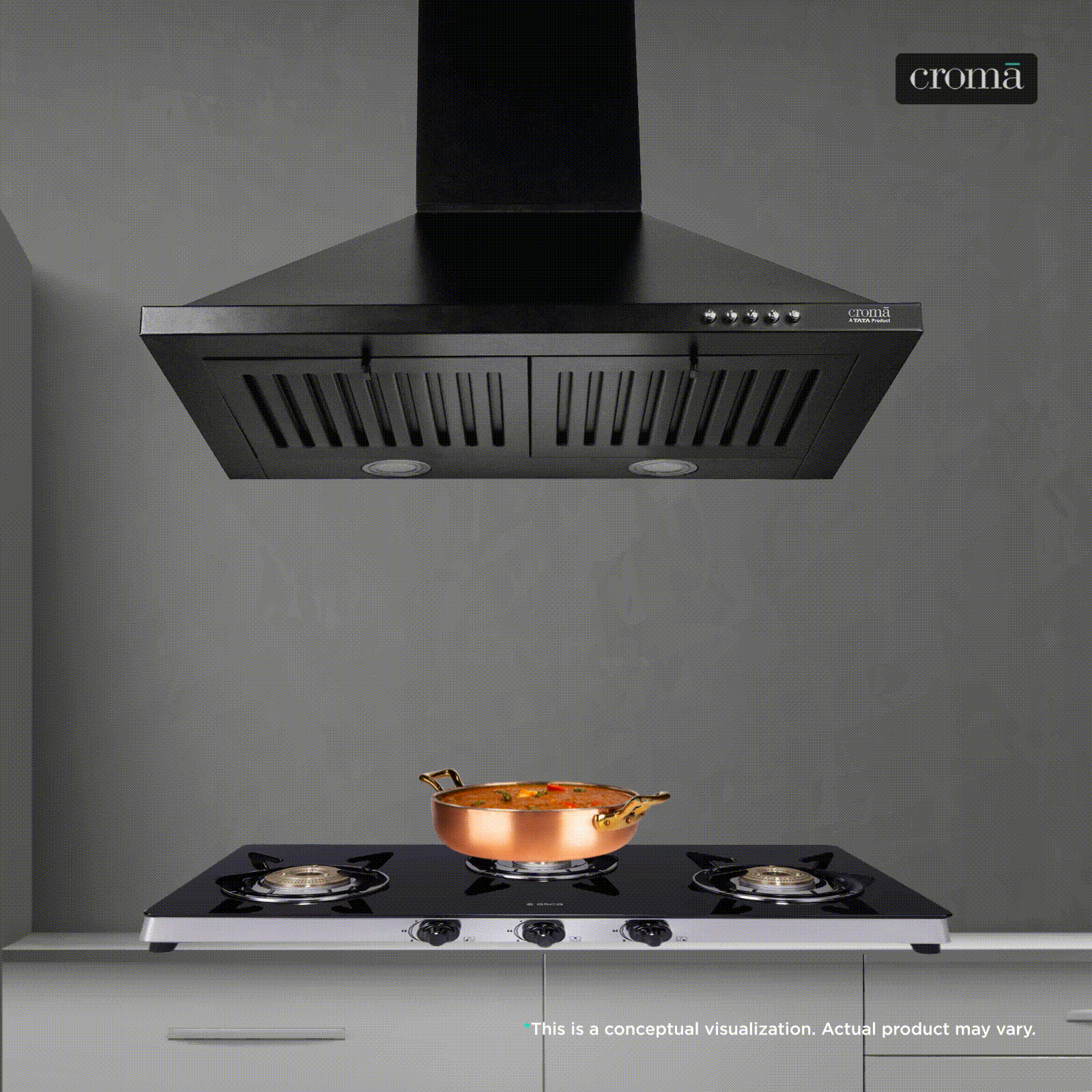Croma AG1108 60cm 900m3/hr Ducted Wall Mounted Chimney with Push Button Control (Black) Croma AG1108 60cm 900m3/hr Ducted Wall Mounted Chimney with Push Button Control (Black)_1
