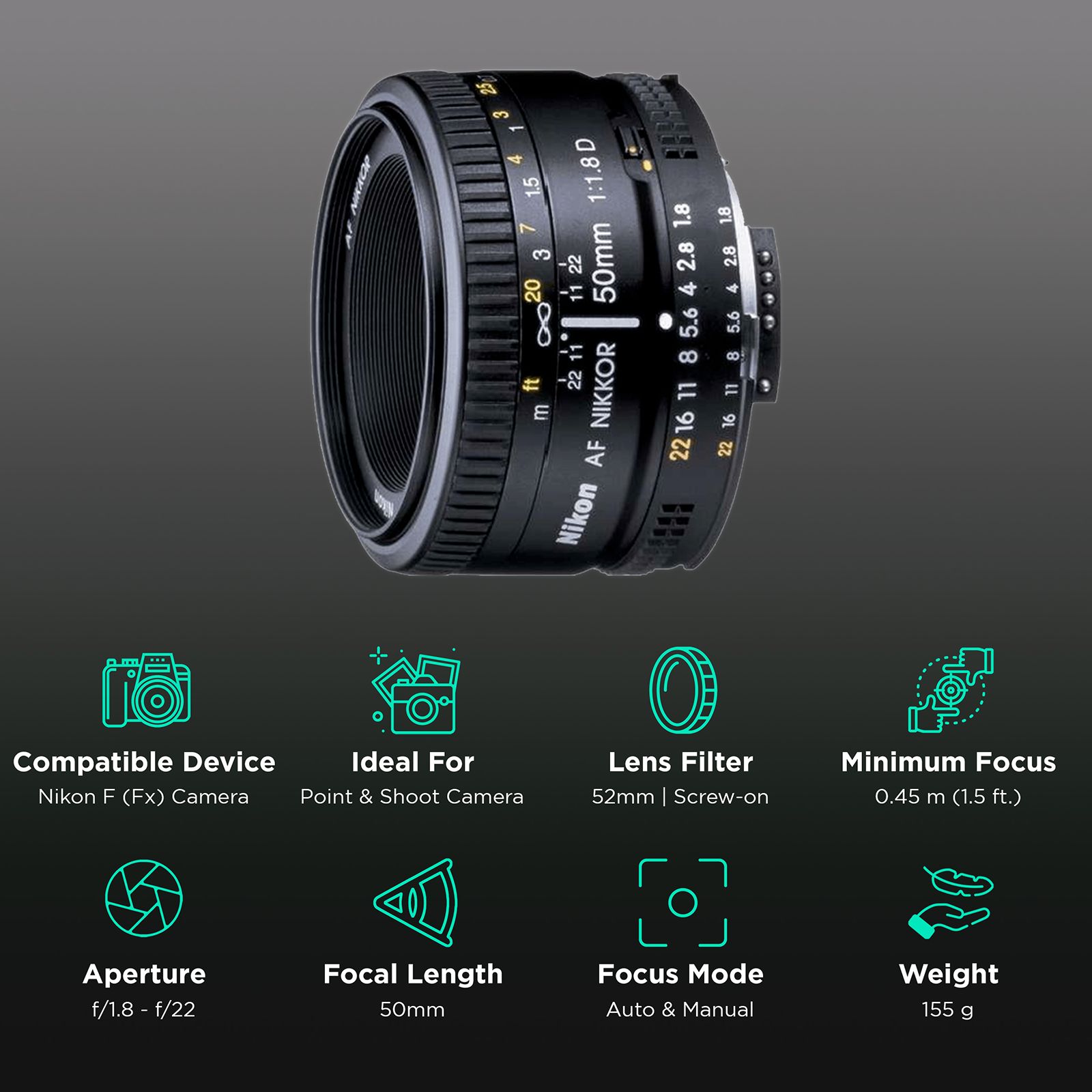 Nikon AF NIKKOR 50mm f/1.8 - f/22 Standard Prime Lens for Nikon F Mount (Manual Aperture Control) Nikon AF NIKKOR 50mm f/1.8 - f/22 Standard Prime Lens for Nikon F Mount (Manual Aperture Control)_3