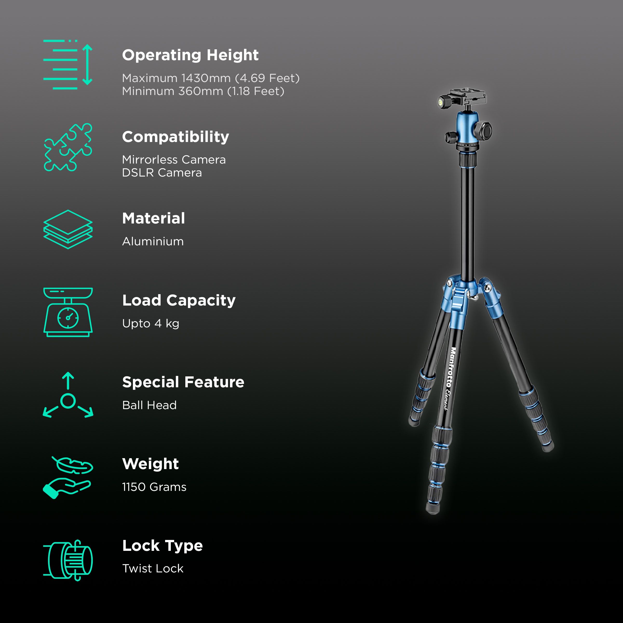 Manfrotto Element 143cm Adjustable Tripod for Camera (360 Degree Panoramic Rotation, Blue) Manfrotto Element 143cm Adjustable Tripod for Camera (360 Degree Panoramic Rotation, Blue)_2