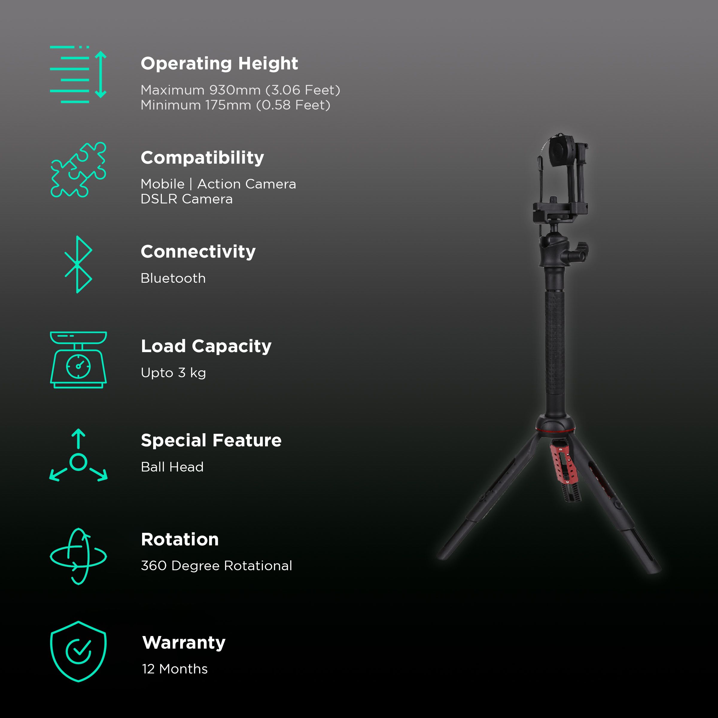 Croma 93cm Adjustable Bluetooth Selfie Stick with Tripod for Mobile and Camera (2 in 1, Black) Croma 93cm Adjustable Bluetooth Selfie Stick with Tripod for Mobile and Camera (2 in 1, Black)_2