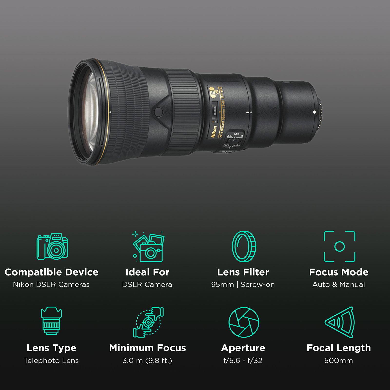 Nikon AF-S NIKKOR 500mm f/5.6 - f/32 Telephoto Prime Lens for Nikon F Mount (Silent Wave Motor)_3