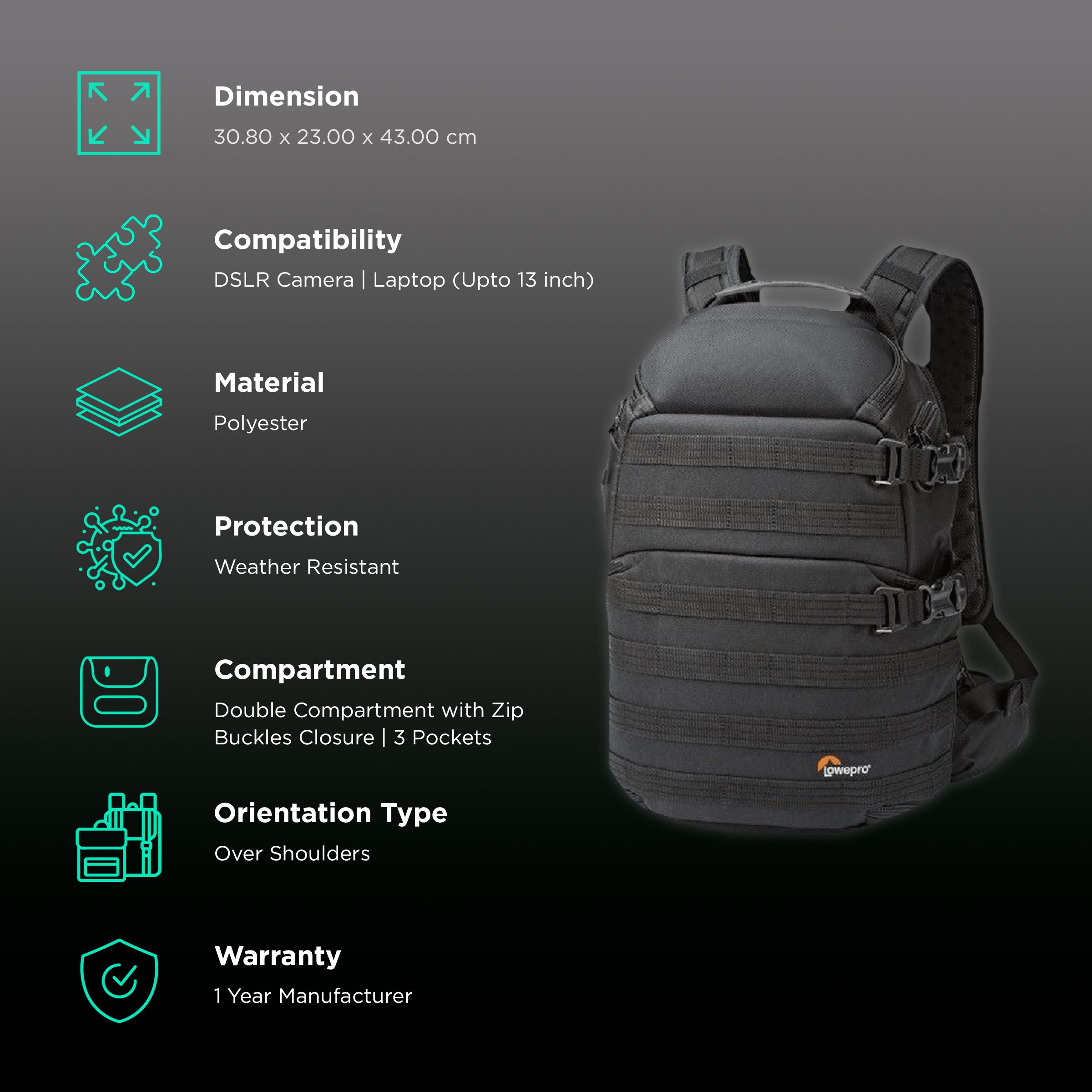 Lowepro ProTactic 350 AW Backpack Camera Bag for DSLR (MaxFit System Dividers, Black)_2