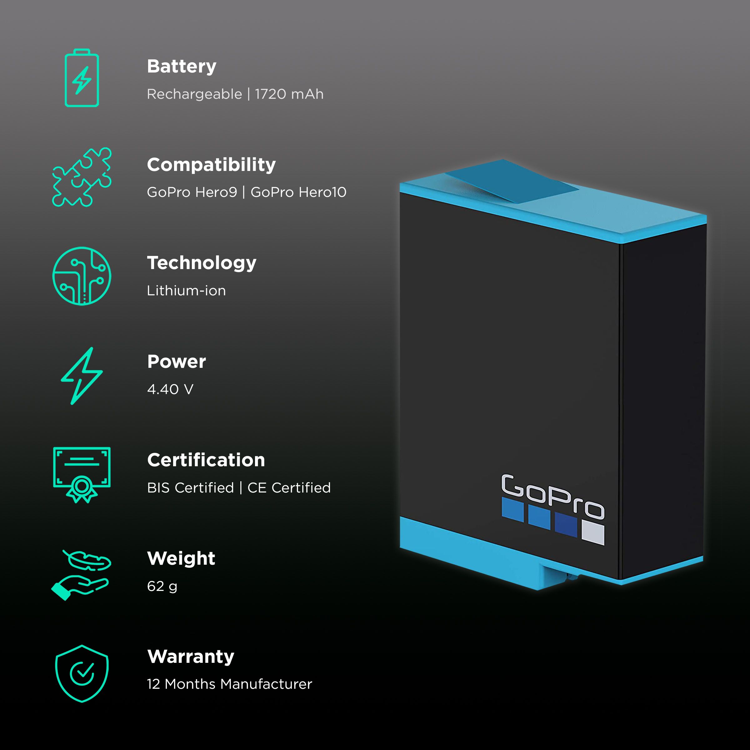 GoPro ADBAT-001 1720 mAh Li-ion Rechargeable Battery for Hero9 and 10 GoPro ADBAT-001 1720 mAh Li-ion Rechargeable Battery for Hero9 and 10_2