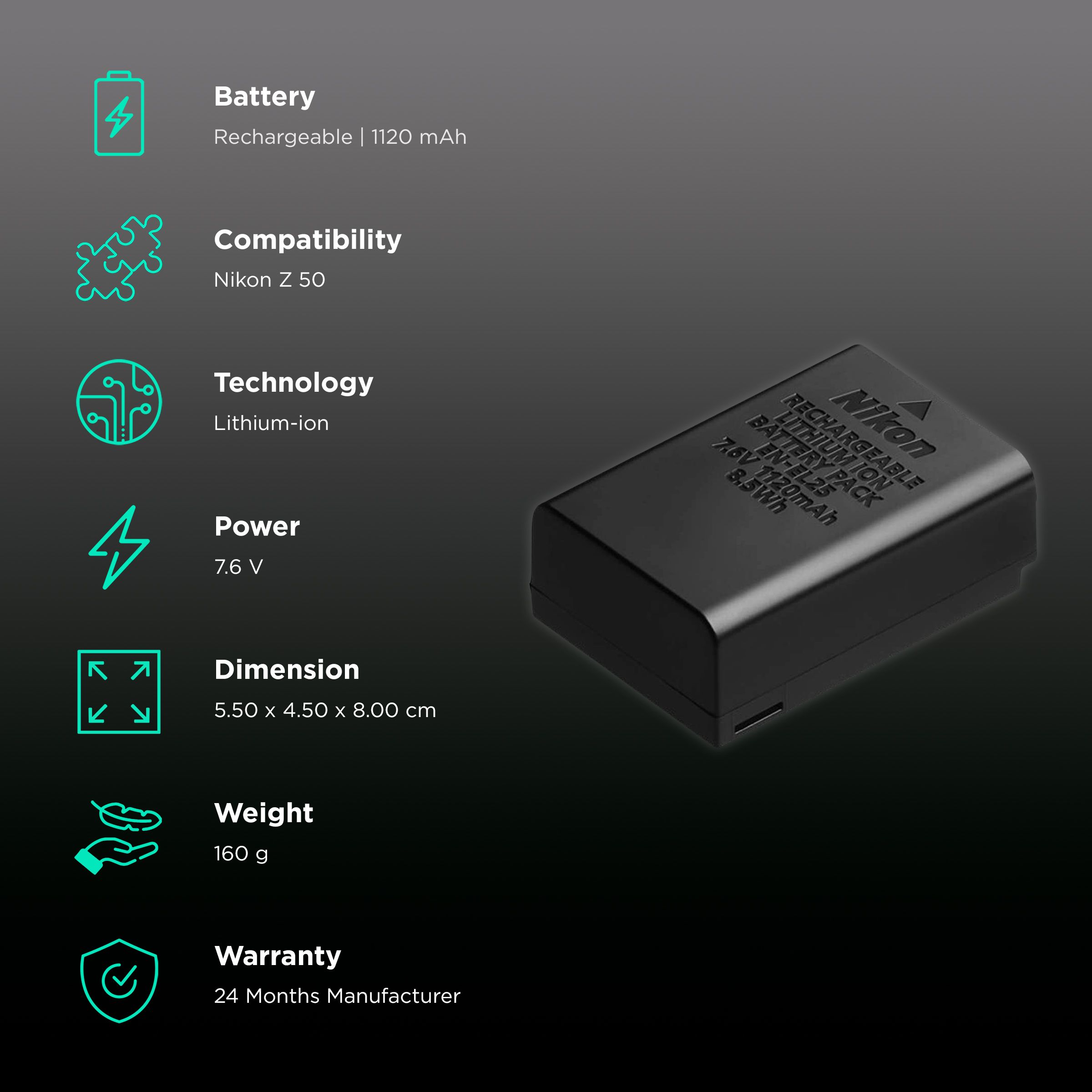 Nikon EN-EL25(IN)/F 1120 mAh Li-ion Rechargeable Battery for Z 50 Nikon EN-EL25(IN)/F 1120 mAh Li-ion Rechargeable Battery for Z 50_2