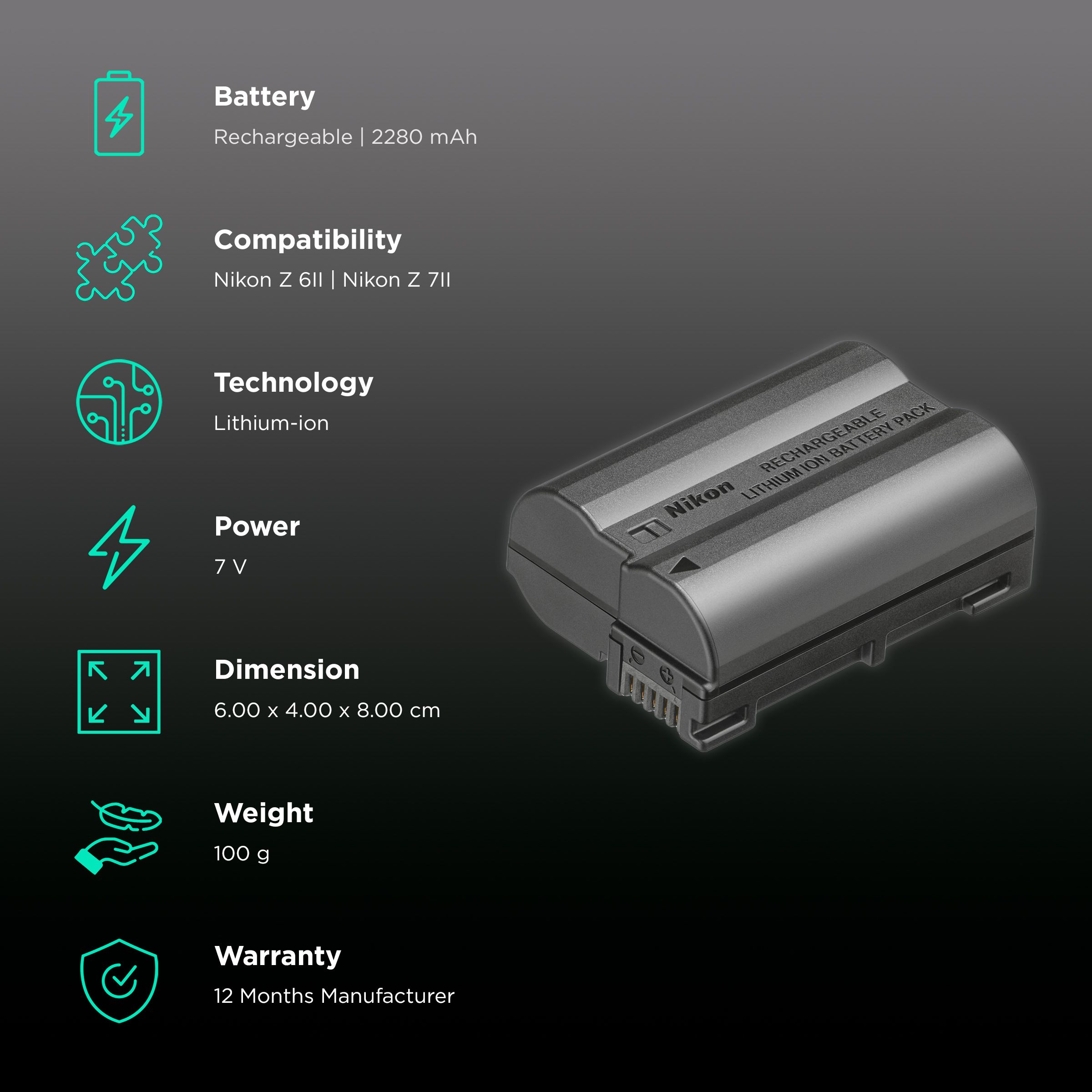 Nikon EN-EL15C 2280 mAh Li-ion Rechargeable Battery for Z 6II and Z 7II Nikon EN-EL15C 2280 mAh Li-ion Rechargeable Battery for Z 6II and Z 7II_2