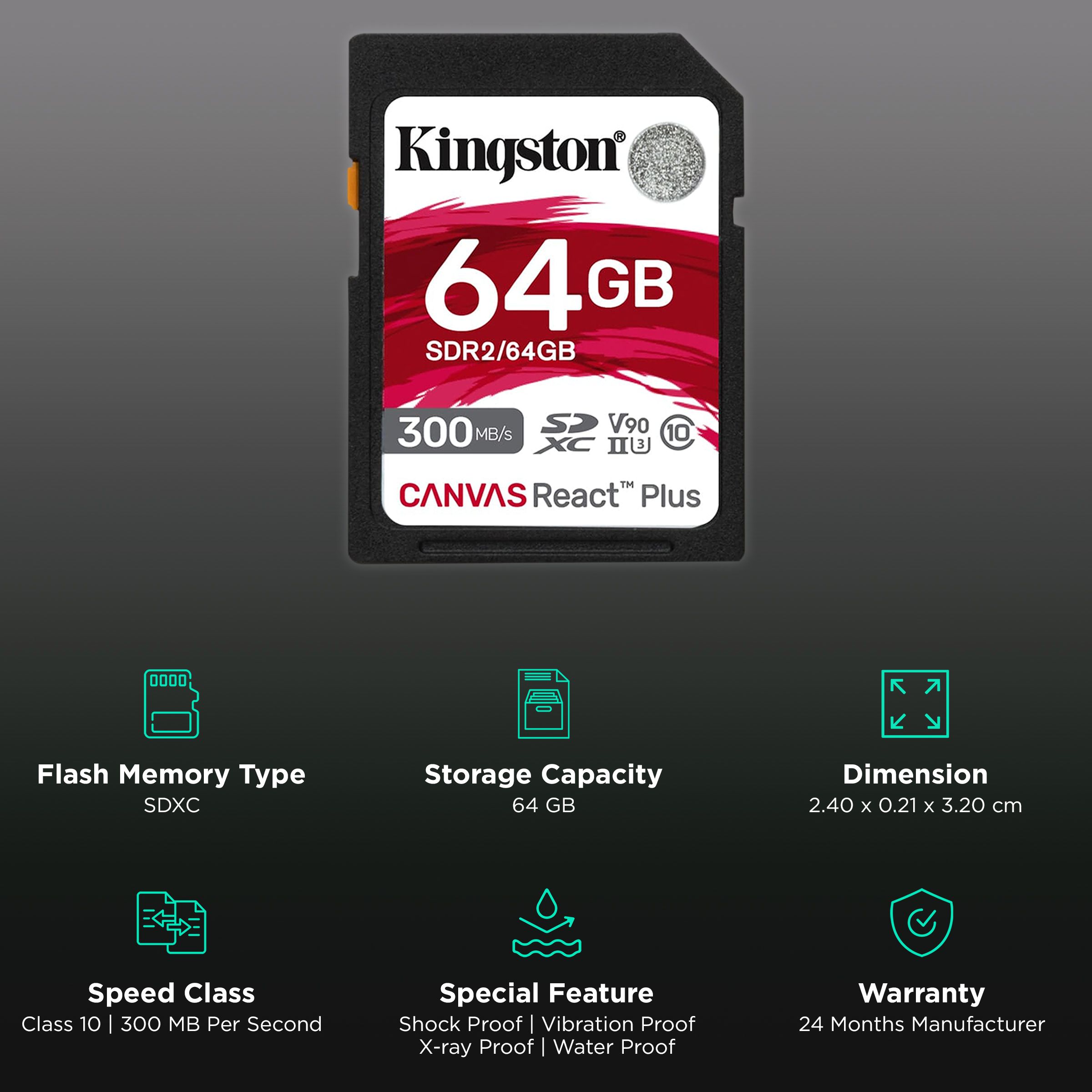 Kingston Canvas React Plus SDXC 64GB Class 10, Class 3, Class 90 300MB/s Memory Card_3