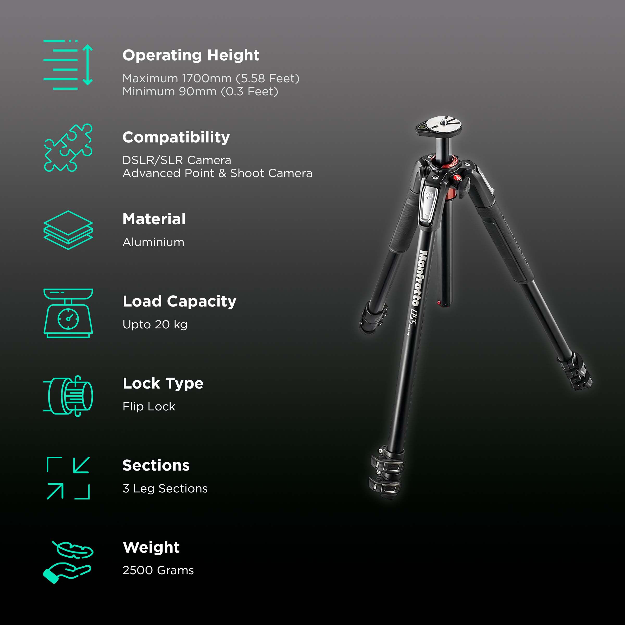Manfrotto 55 170cm Adjustable Tripod for Camera (90 Degree Column System, Black) Manfrotto 55 170cm Adjustable Tripod for Camera (90 Degree Column System, Black)_2