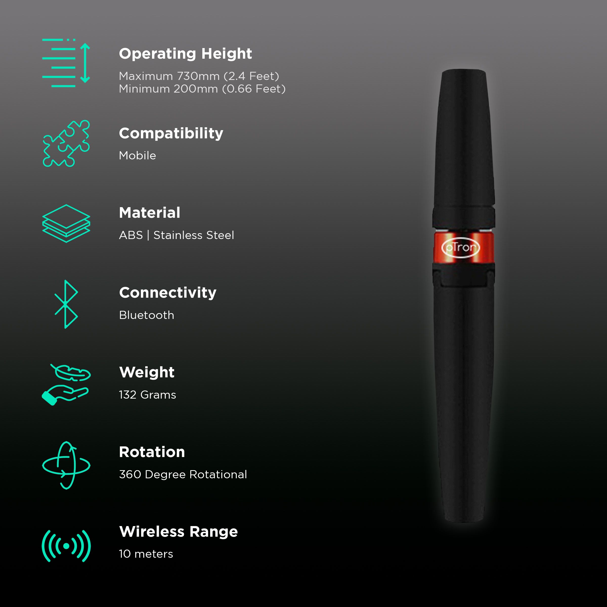 pTron Glam Plus 73cm Adjustable Bluetooth Selfie Stick with Tripod for Mobile (360 Degree Adjustable Phone Cradle, Black/Red)_2