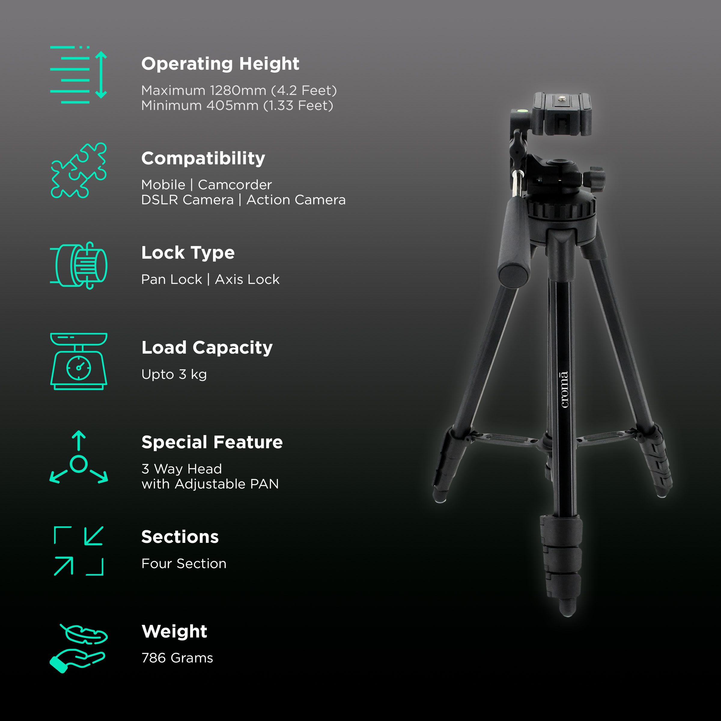 Croma 128cm Adjustable Tripod for Mobile and Camera (3 Way Pan Head, Black)_2