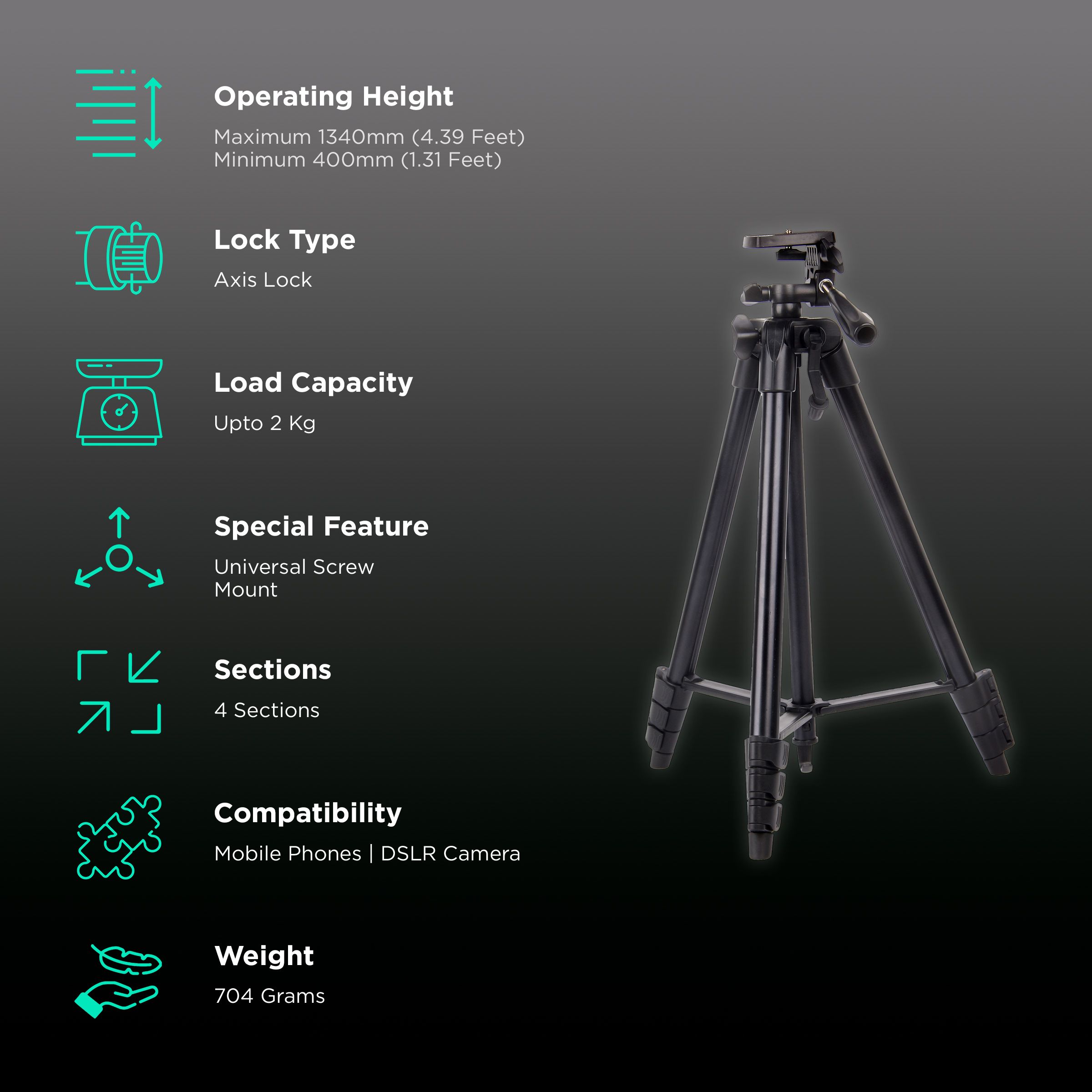 Croma 134cm Adjustable Tripod for Mobile and Camera (Axis Lock, Black) Croma 134cm Adjustable Tripod for Mobile and Camera (Axis Lock, Black)_2