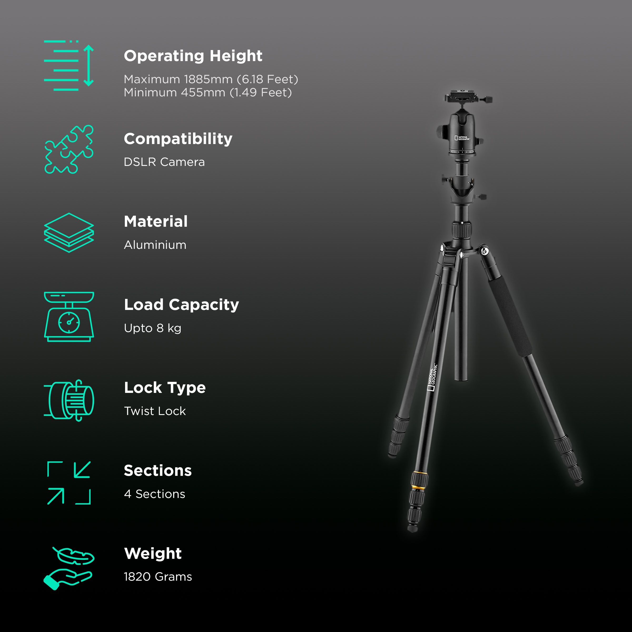 NATIONAL GEOGRAPHIC Travel 188.5cm Adjustable Tripod for Camera (Twist Lock, NGTR003T, Black) NATIONAL GEOGRAPHIC Travel 188.5cm Adjustable Tripod for Camera (Twist Lock, NGTR003T, Black)_2