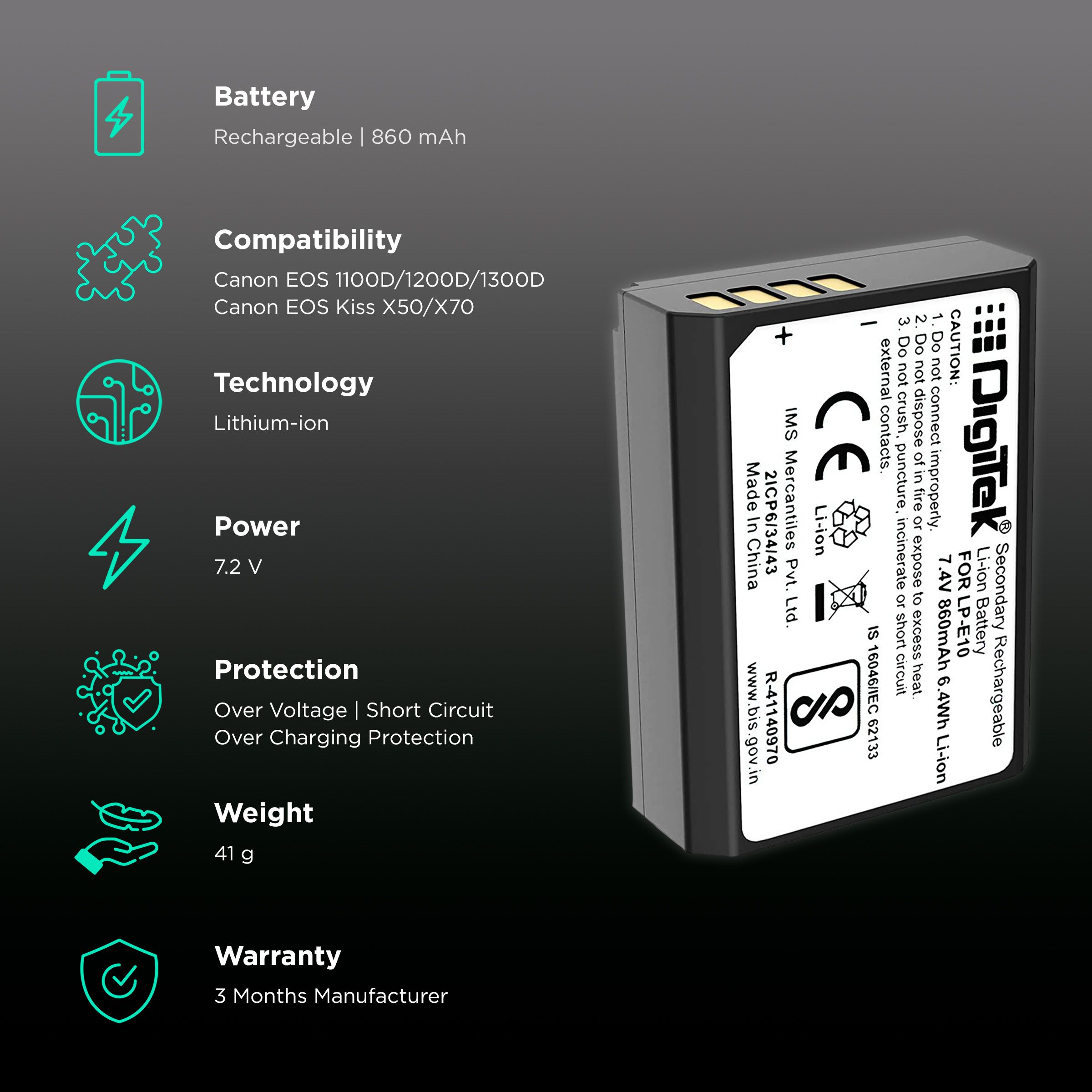 DigiTek LP-E10 860 mAh Li-ion Rechargeable Battery for EOS 1100D, 1200D, 1300D and Rebel T3 DigiTek LP-E10 860 mAh Li-ion Rechargeable Battery for EOS 1100D, 1200D, 1300D and Rebel T3_2