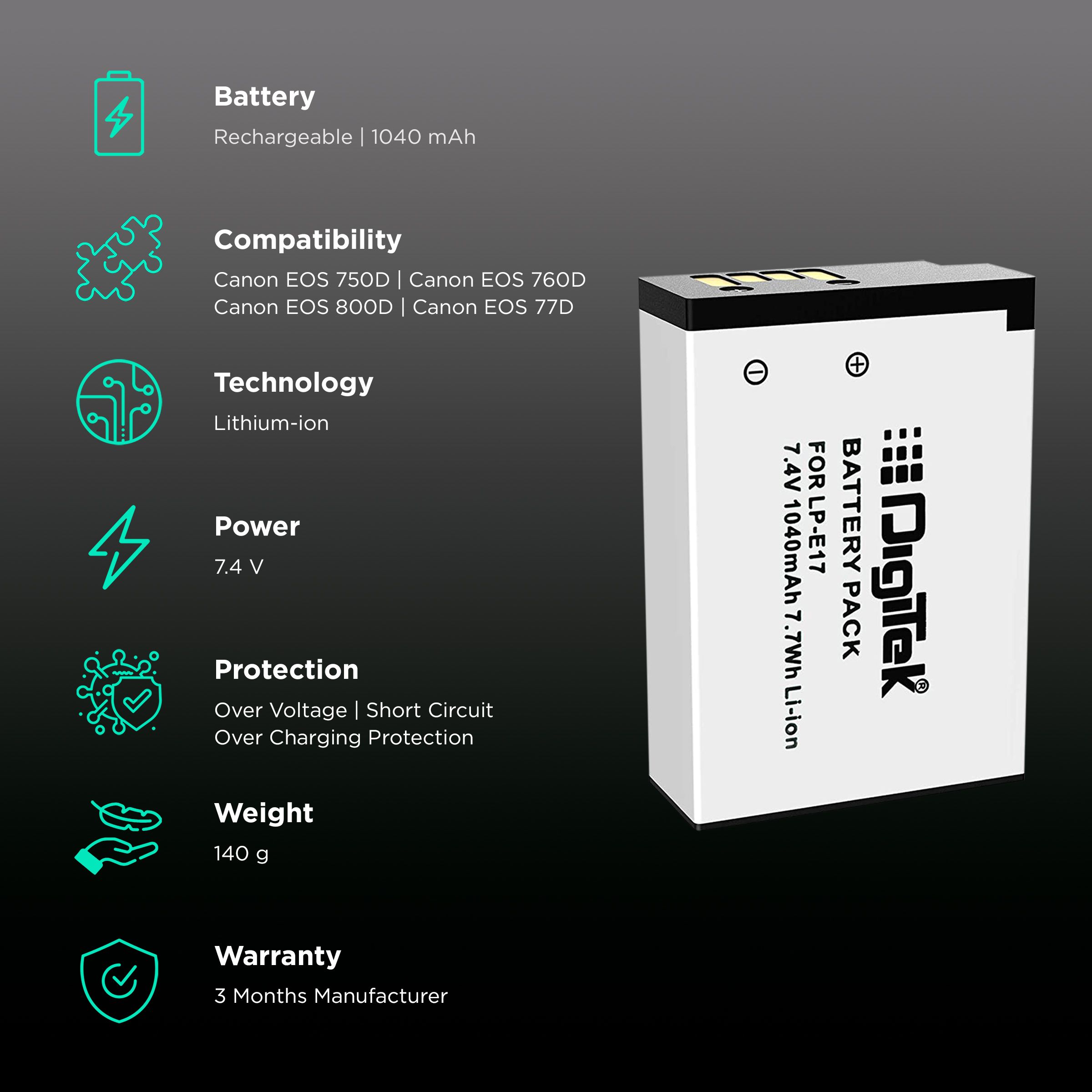 DigiTek LP-E17 1040 mAh Li-ion Rechargeable Battery for EOS 750D, 760D, 800D and 77D_2